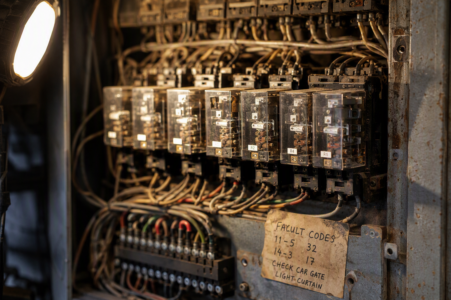 Close-up of worn electromechanical relays and deteriorating wiring inside an aging elevator controller cabinet showing signs that replacement is needed during modernization