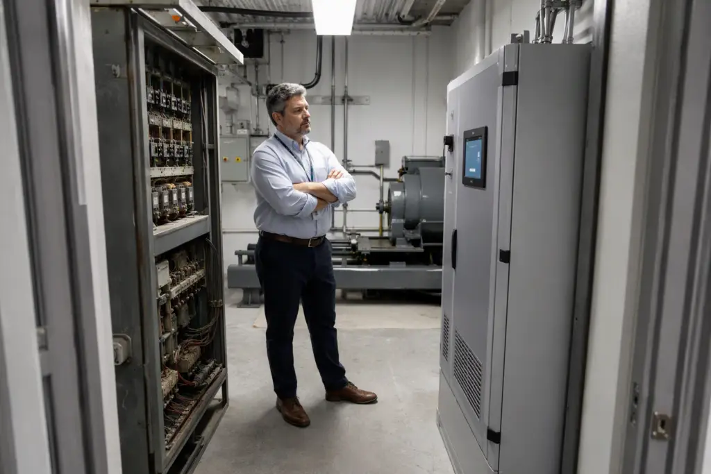 Building manager comparing an old relay-logic elevator controller panel to a new solid-state PLC controller in a Florida commercial machine room during an elevator modernization decision