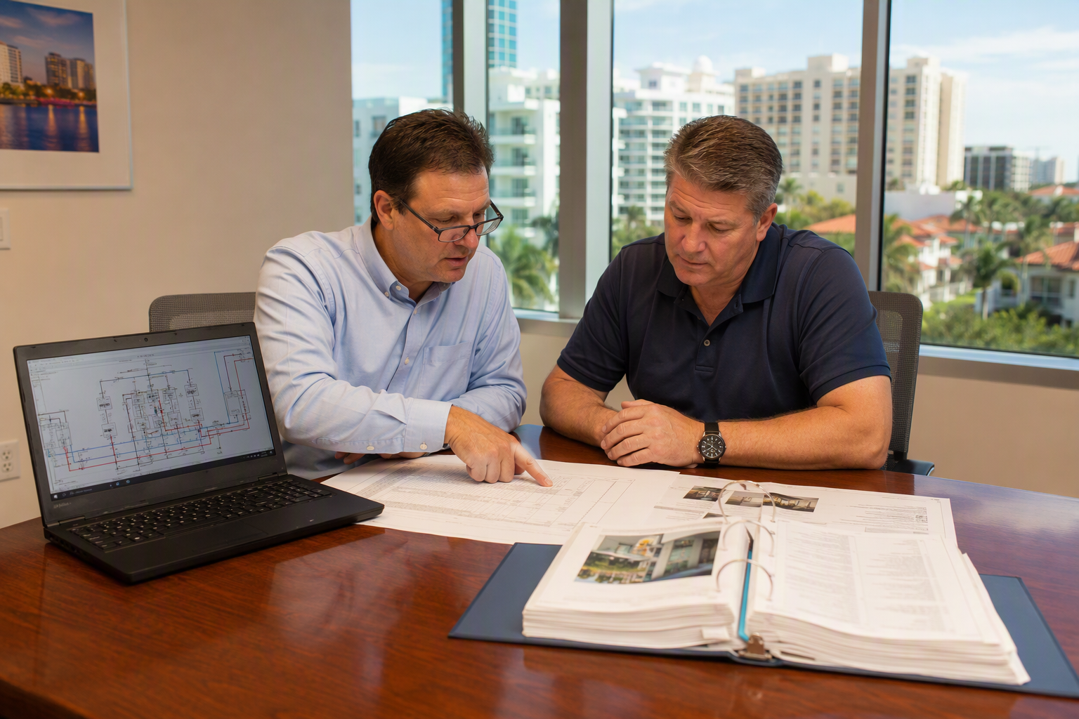 Elevator consultant and facility manager reviewing modernization specifications and controller compatibility documentation at a conference table in a Sarasota Florida commercial office