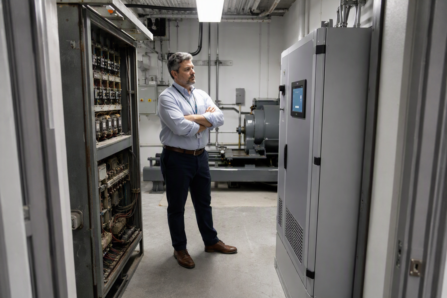 Building manager comparing an old relay-logic elevator controller panel to a new solid-state PLC controller in a Florida commercial machine room during an elevator modernization decision