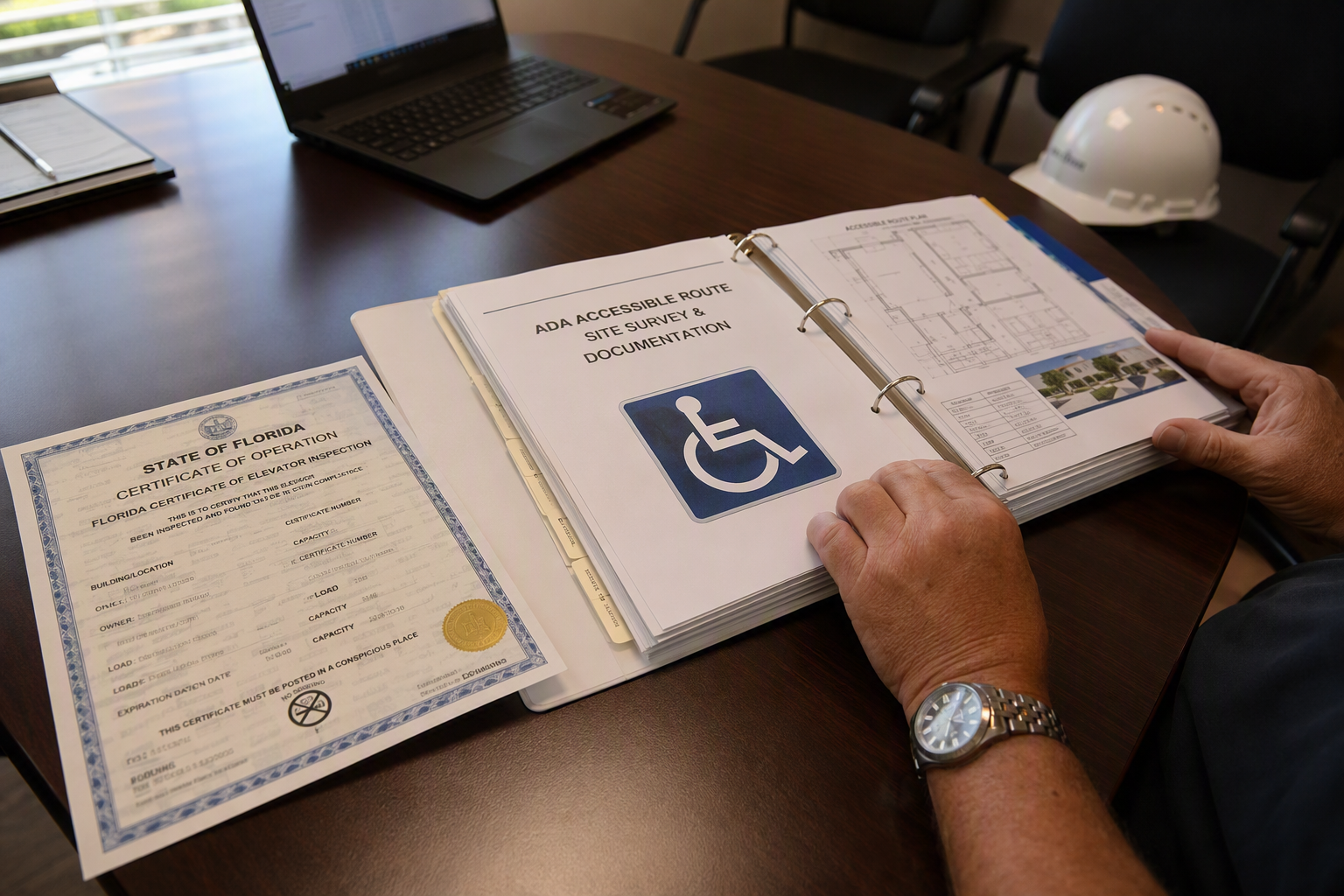 Property manager reviewing Florida elevator inspection certificate and ADA compliance documentation, key steps to reducing liability from elevator downtime in office buildings