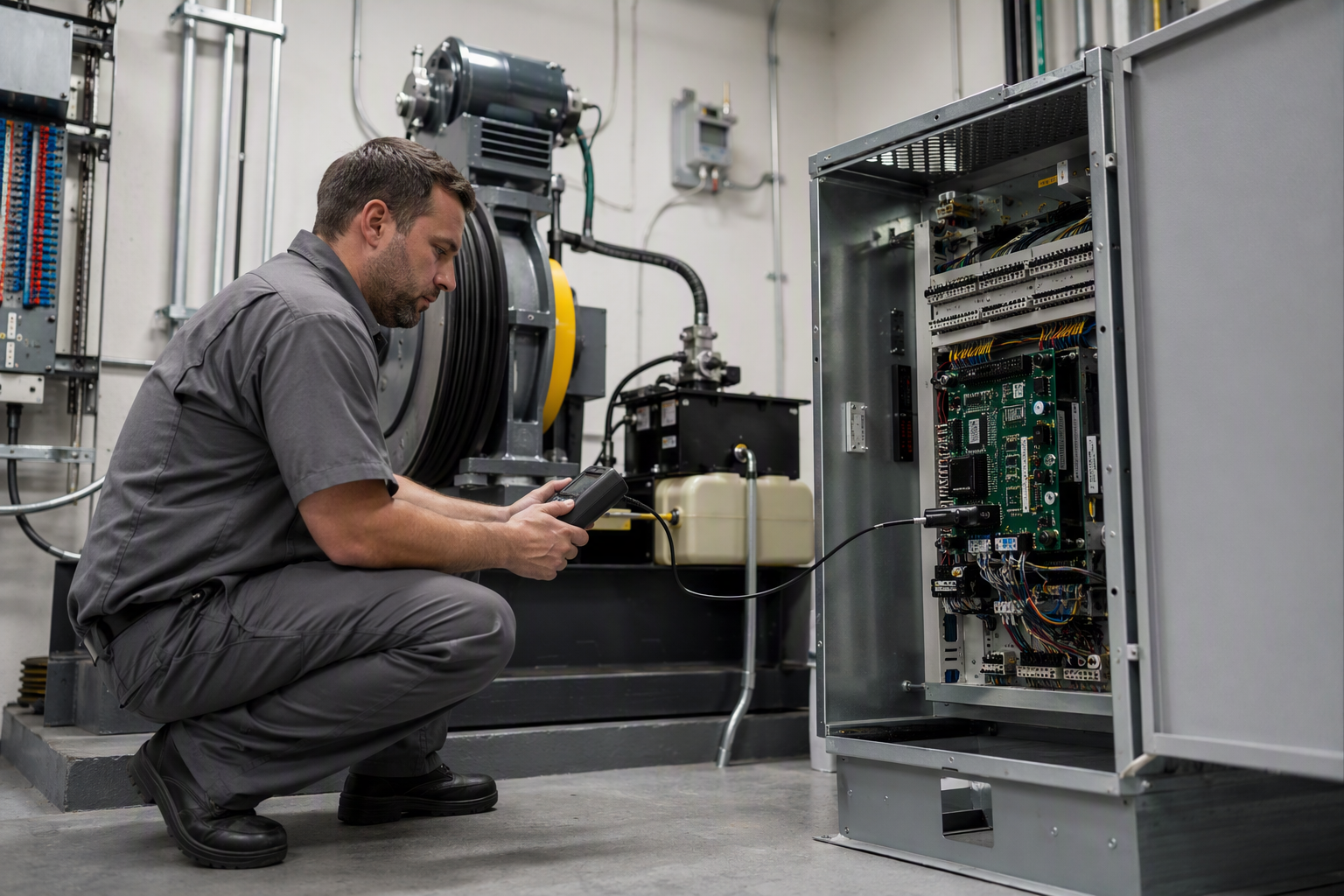 Elevator technician performing preventive maintenance on a commercial elevator controller in a Florida machine room to reduce downtime and tenant disruption