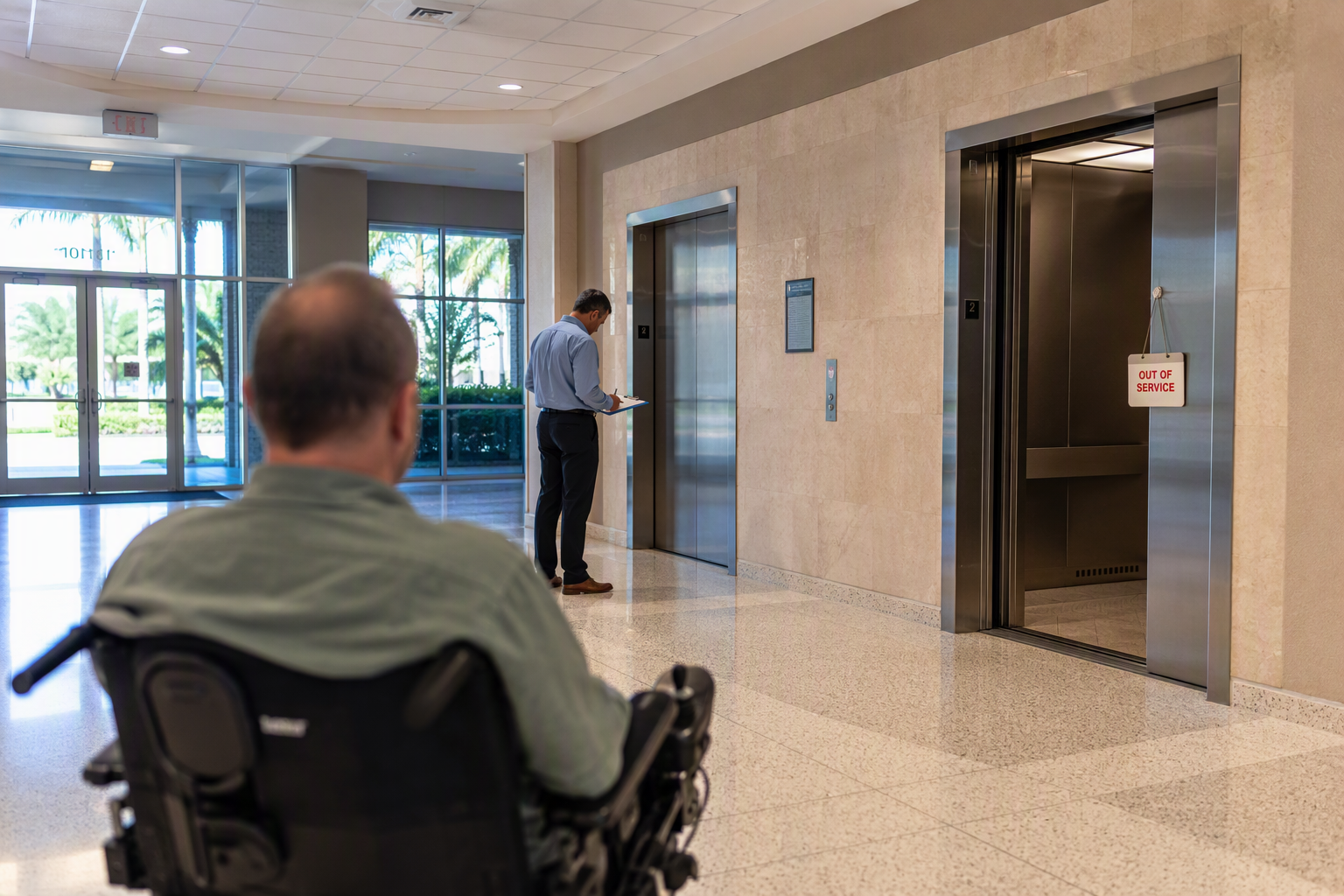 Out-of-service elevator in a multitenant medical office building lobby in Florida, illustrating how elevator downtime creates ADA liability and tenant retention risk
