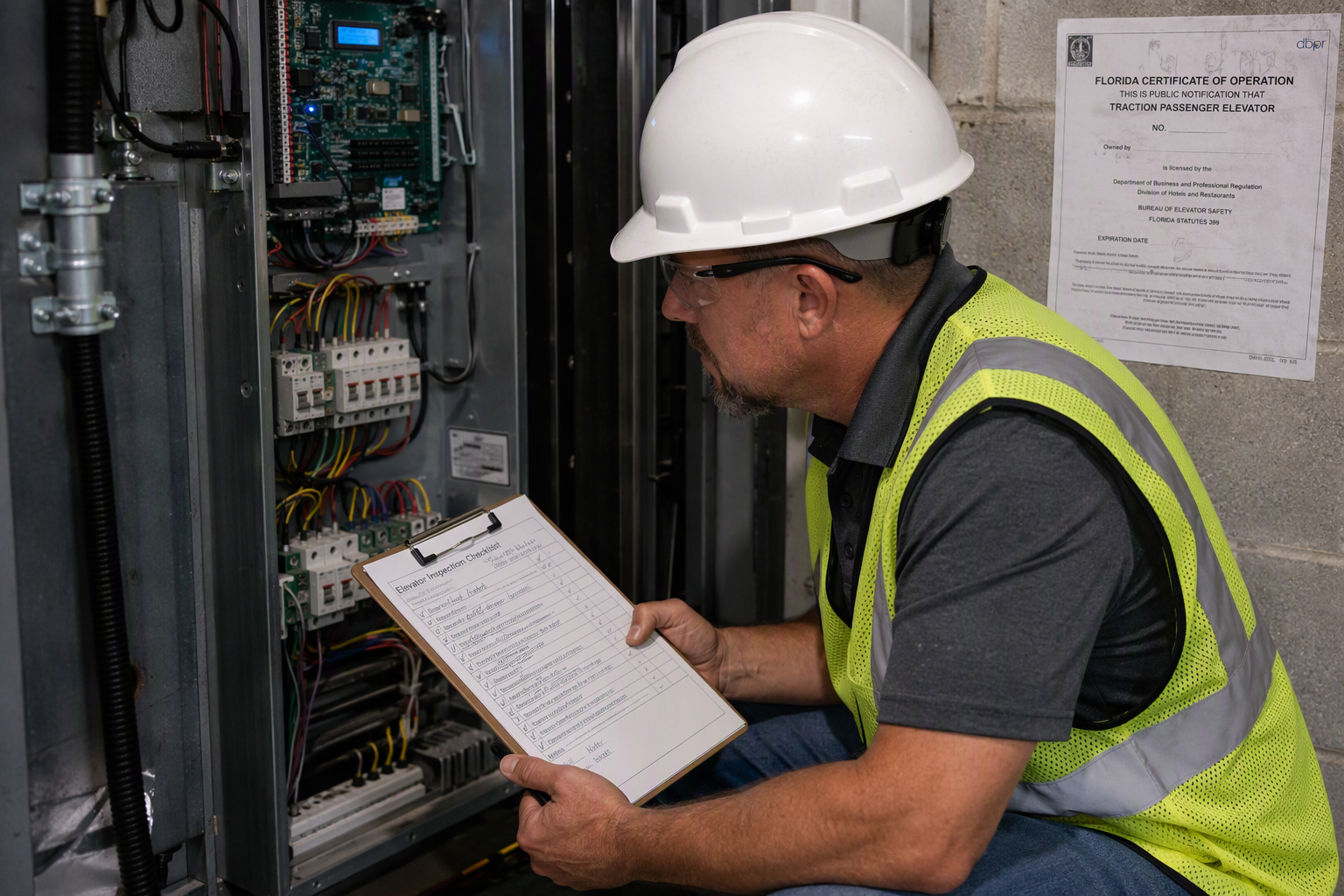 Florida elevator inspector reviewing a controller panel and inspection checklist in a hotel machine room, checking compliance with Florida Chapter 399 and ASME A17.1 safety standards