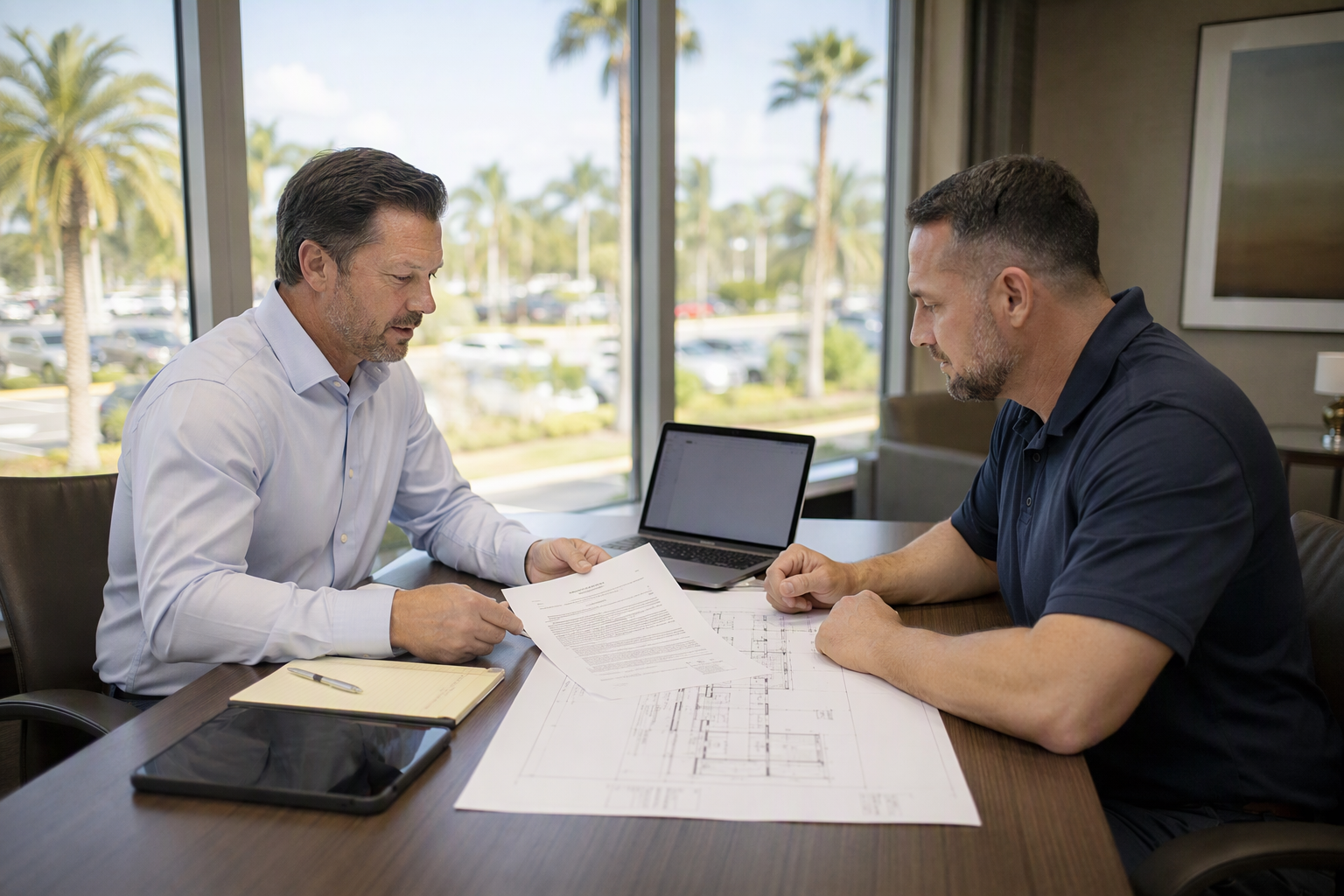 Hotel property manager and elevator service contractor reviewing a preventive maintenance agreement to reduce elevator downtime liability risks at a Florida hotel
