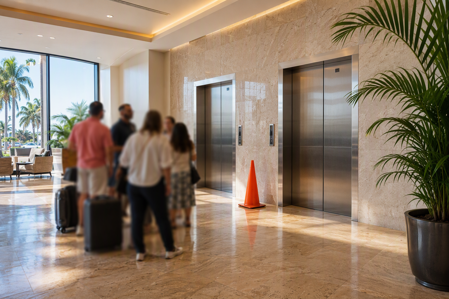 Hotel elevator bank in a Florida coastal property with one elevator out of service, illustrating downtime risks and liability issues hotel owners face when equipment fails