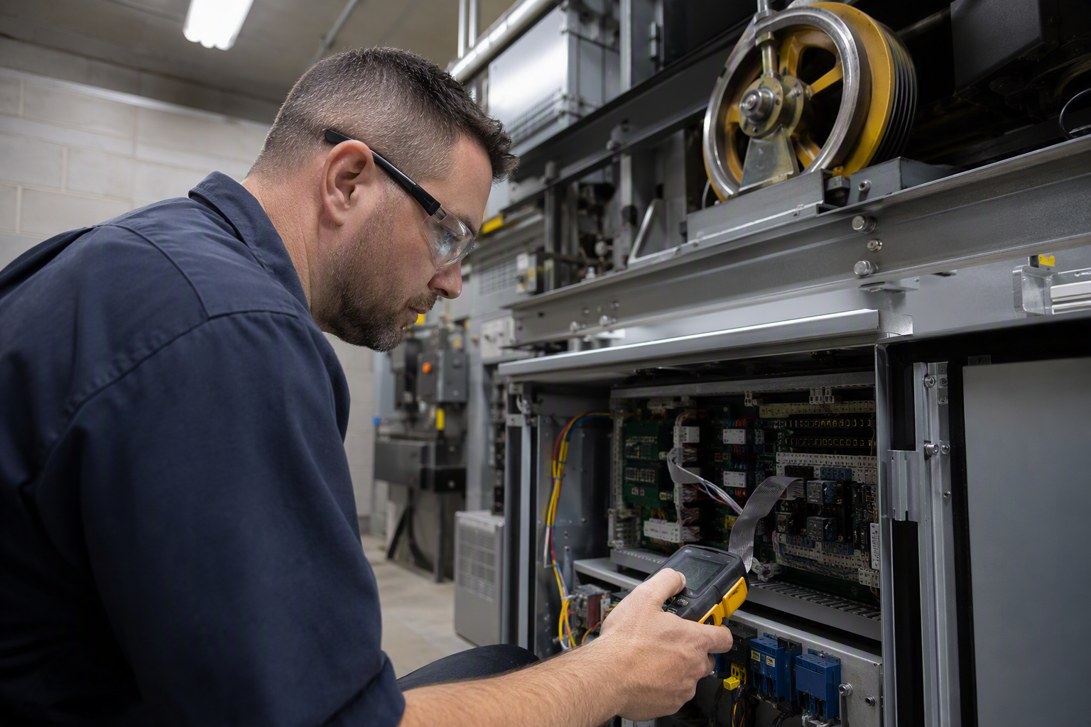 Elevator technician inspecting machine room controller and overspeed governor — common Florida elevator inspection failure categories including safety device and door operator deficiencies