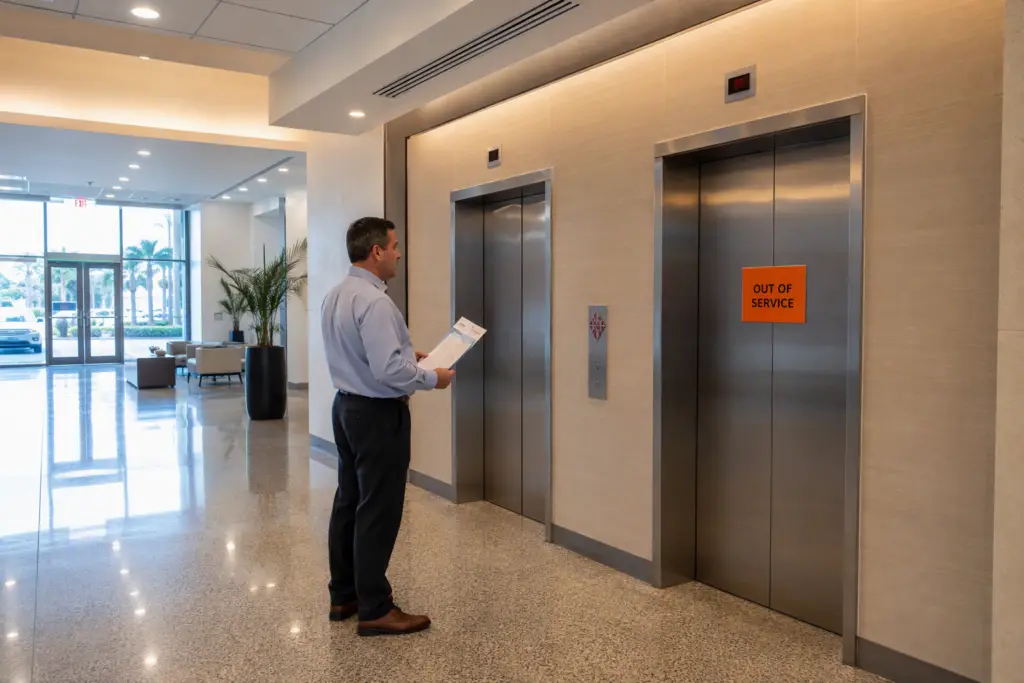 Florida building manager reviews elevator inspection report beside an out-of-service elevator in a Pompano Beach commercial lobby — elevator fails inspection shutdown