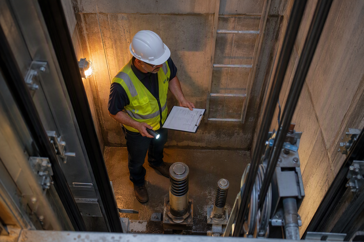 Certified elevator inspector examining pit buffer and hydraulic equipment during Florida re-inspection required to return a failed elevator back to service in Sarasota FL