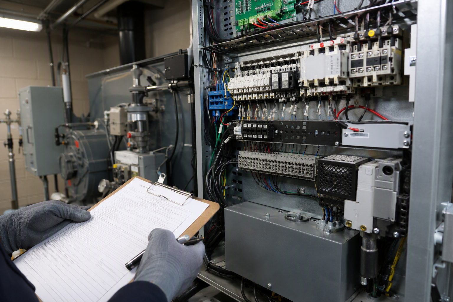 Elevator machine room controller and hydraulic components that fall under different coverage levels depending on whether the contract is full service, parts and labor, or oil and grease.