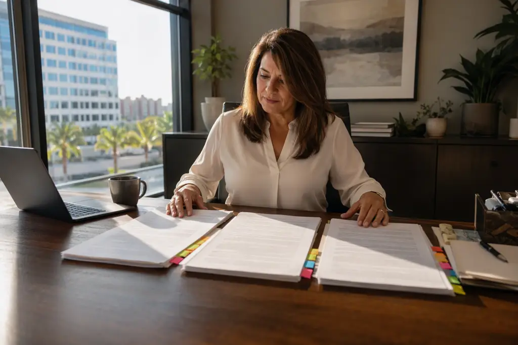 Building manager reviewing three elevator maintenance contract types — full service, oil and grease, and parts and labor — at an office desk in a Florida commercial property.