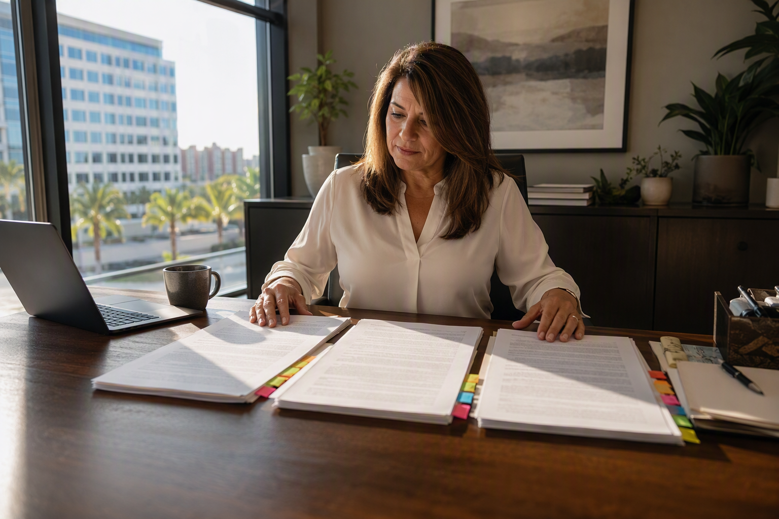 Building manager reviewing three elevator maintenance contract types — full service, oil and grease, and parts and labor — at an office desk in a Florida commercial property.
