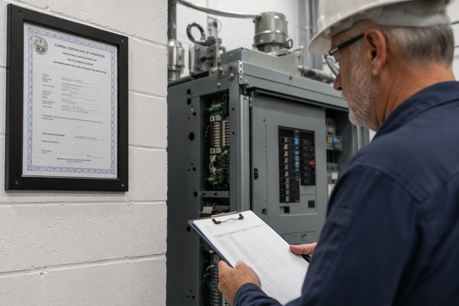 Florida Elevator Inspection Compliance Check Licensed elevator inspector reviewing compliance checklist beside a controller cabinet in a Florida elevator machine room, inspection certificate visible on wall