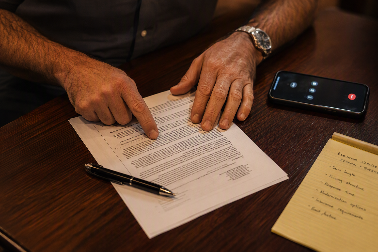 Scrutinizing Elevator Contract Terms and Coverage Building manager closely reviewing elevator maintenance contract clauses at a Florida property management office, noting questions about termination rights and parts coverage