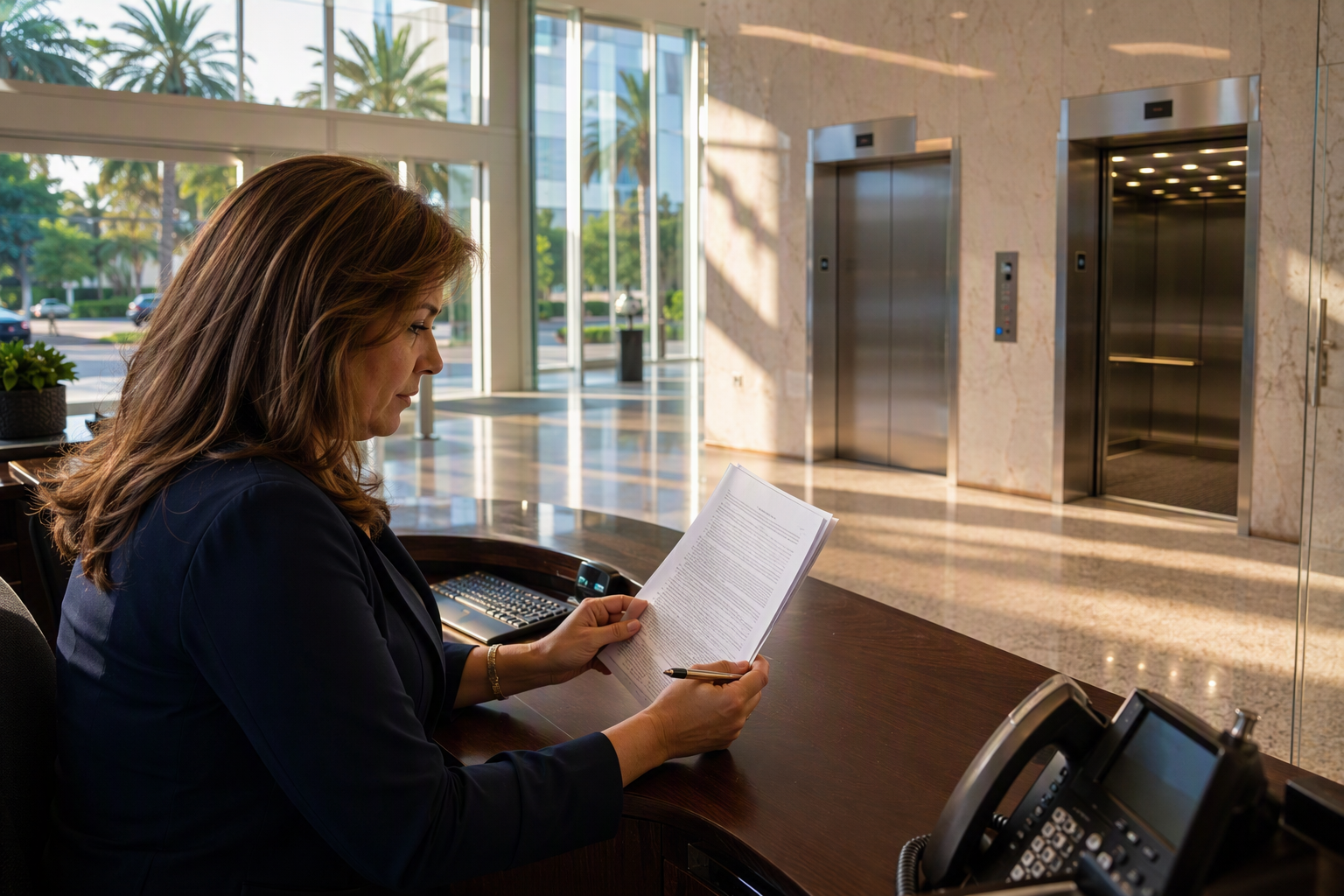 Reviewing an Elevator Maintenance Contract in Florida Property manager reviewing an elevator maintenance contract in a South Florida commercial building lobby before signing, with stainless steel elevator doors visible in background