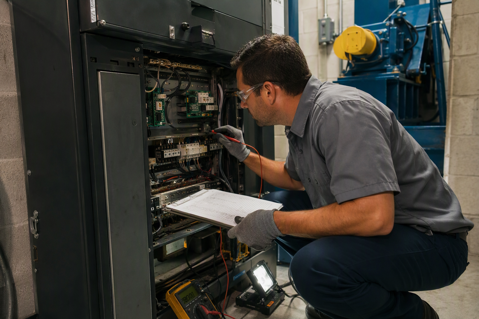 Elevator technician inspecting traction elevator controller in machine room, a key cost driver for commercial elevator maintenance in Florida