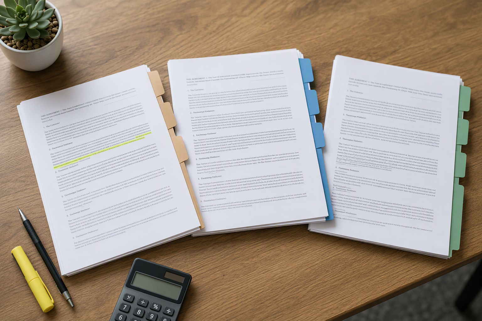 Three elevator maintenance contract tiers laid out on a desk, illustrating monthly cost differences between oil-and-grease, partial, and full-service agreements in Florida