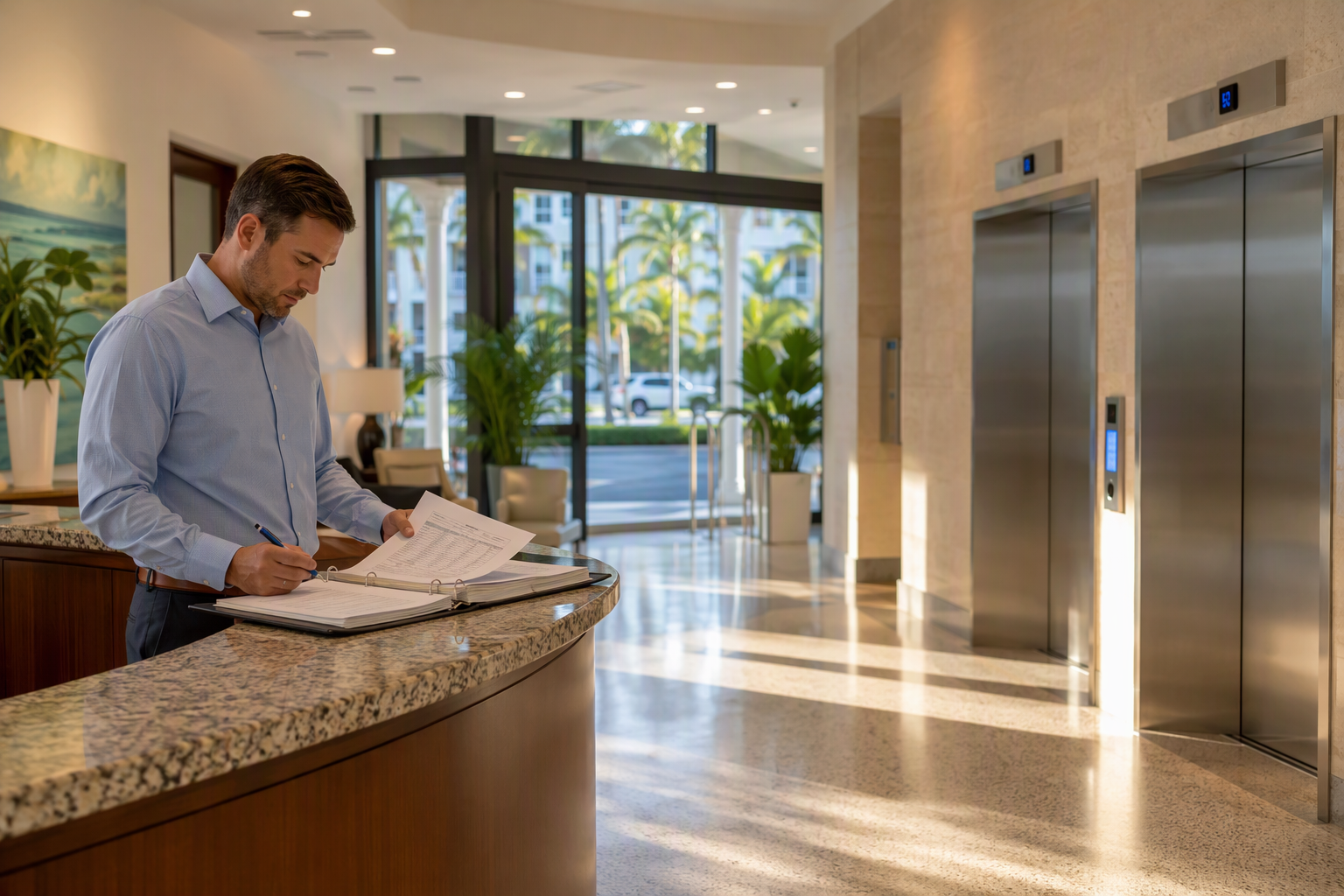 Commercial building property manager reviewing elevator maintenance cost documents in a Florida office lobby with stainless steel elevator doors in background