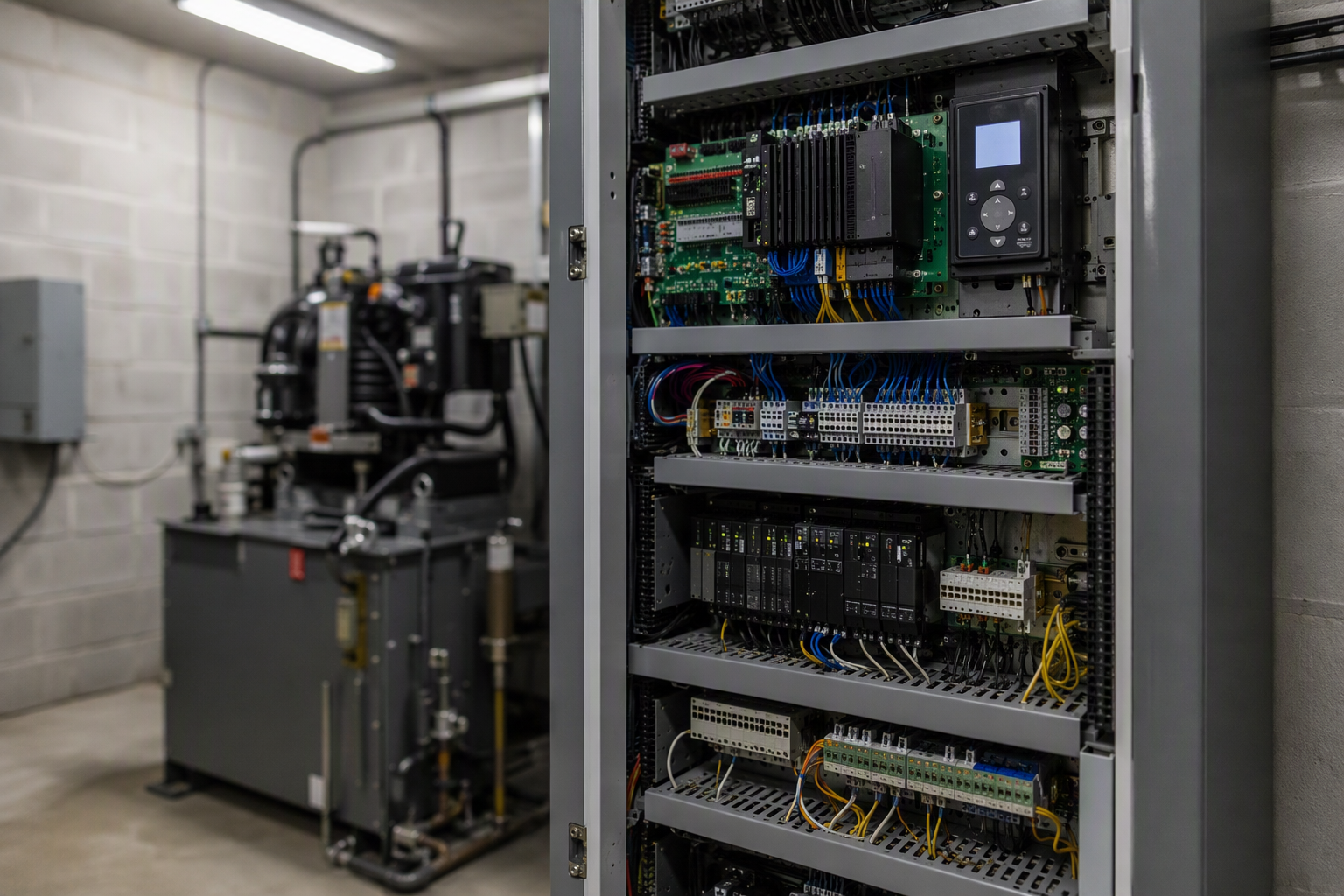 Modern solid-state elevator controller installed in a Florida mid-rise building machine room showing control system modernization cost drivers