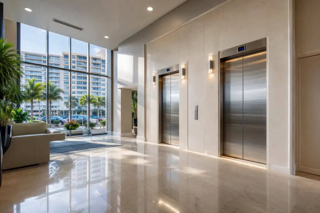Modernized elevator lobby in a mid-rise Florida condo building with brushed stainless steel cab doors and LED floor indicators showing elevator modernization results
