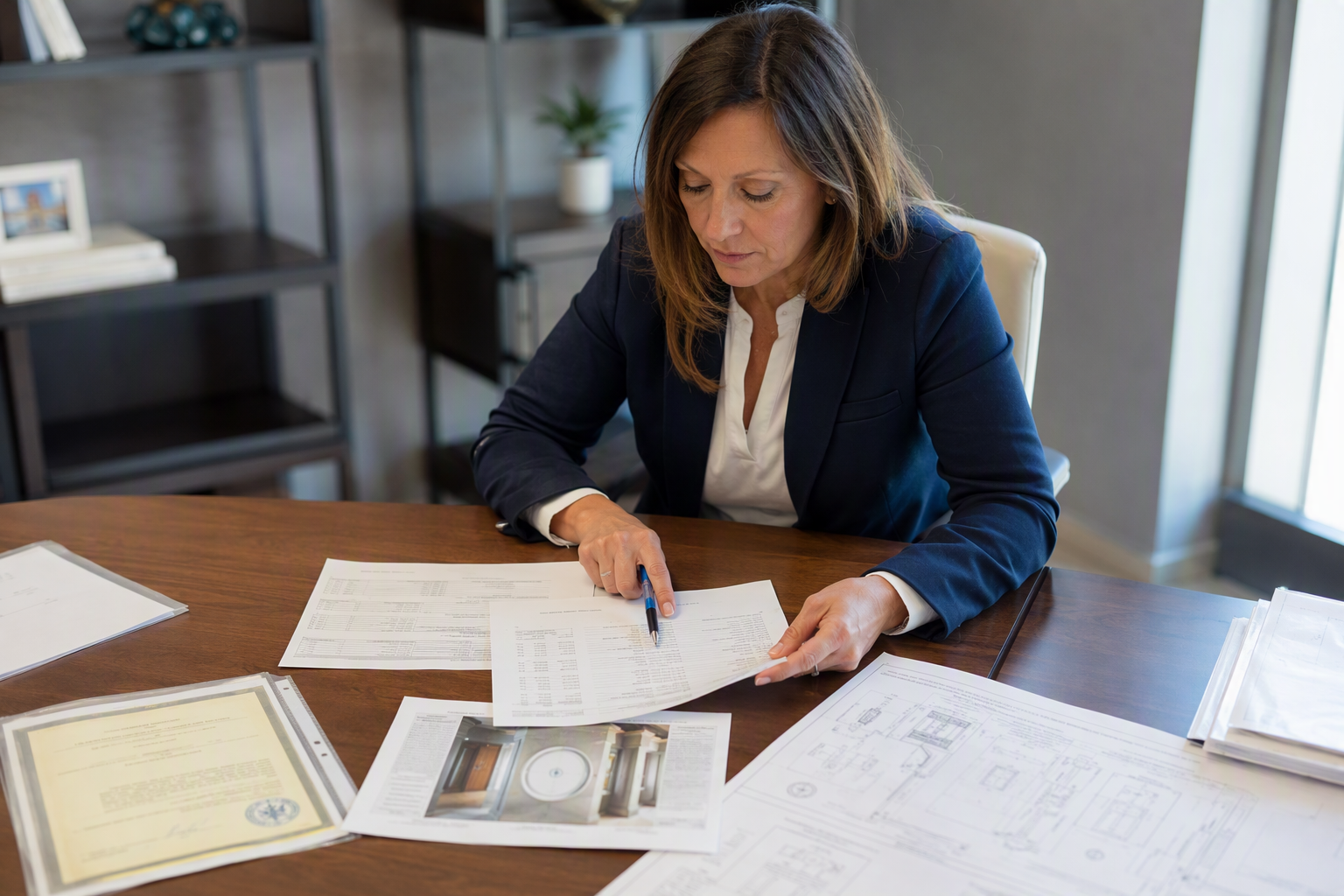 Florida condo building manager reviewing elevator modernization cost proposal and DBPR inspection compliance documents at office desk