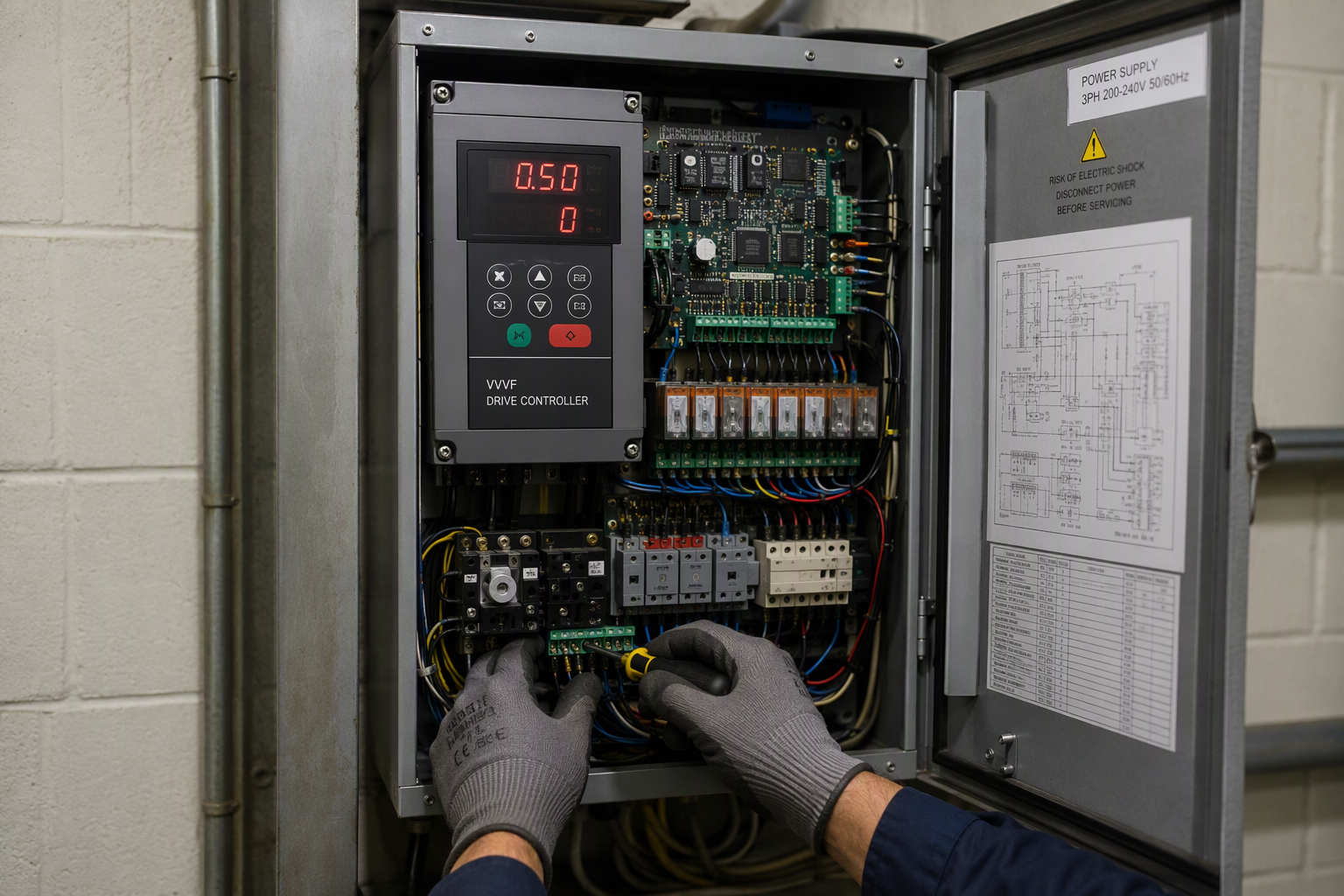 Elevator machine room VVVF drive controller replacement during modernization in a Florida commercial building, showing updated digital control system and wiring