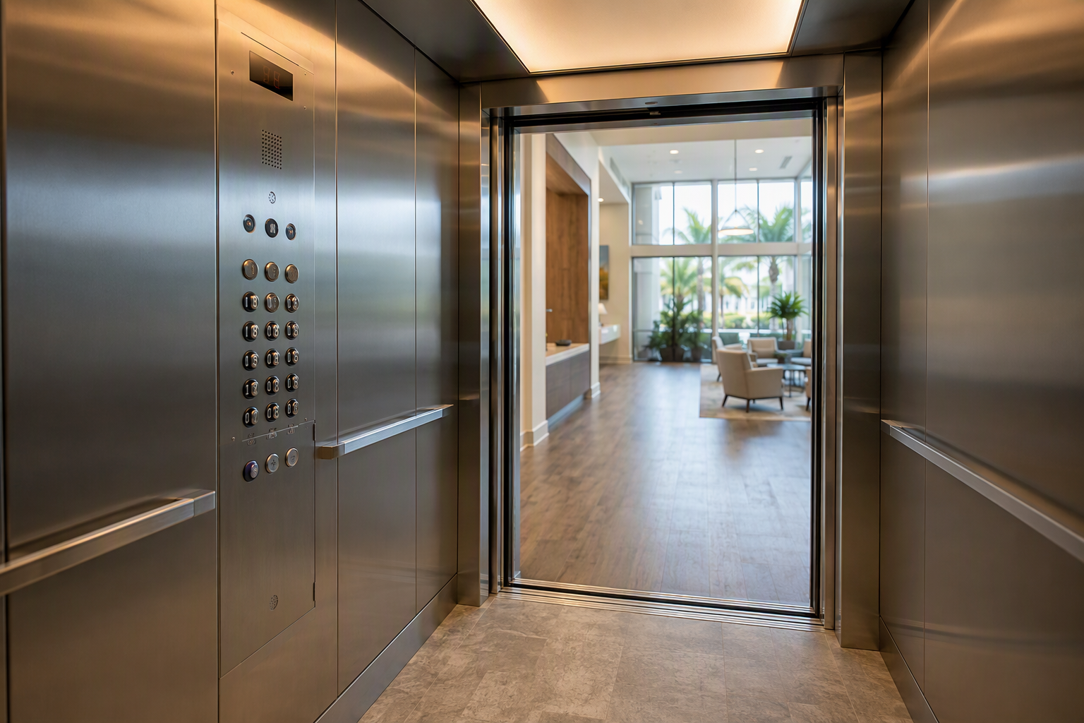 Modernized elevator cab interior in a Florida medical office building featuring stainless steel panels, LED lighting, and ADA-compliant controls after full elevator modernization