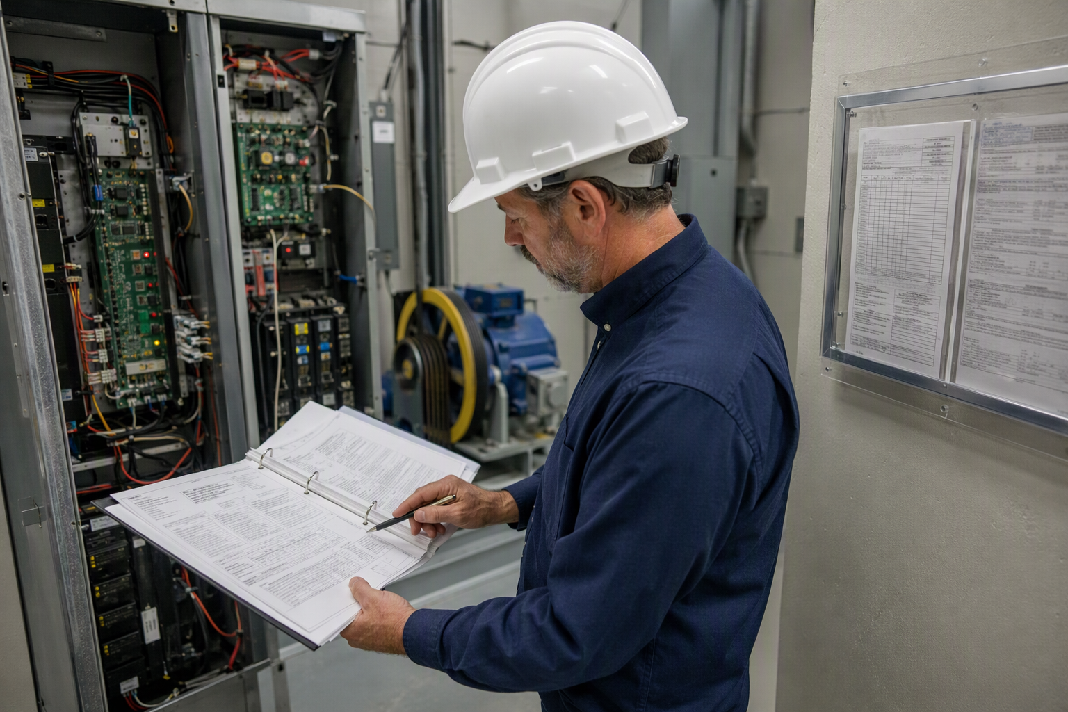 Florida Elevator Compliance Inspection — Machine Room Documentation Licensed elevator inspector reviewing Florida DBPR compliance permit and ASME A17.1 documentation beside a modern controller in a hospital building machine room
