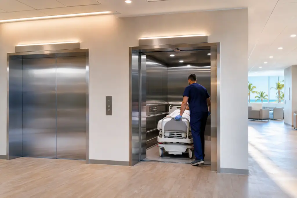 Wide hospital elevator lobby in a Florida medical office building showing ADA-compliant cab with oversized door opening and gurney access during modernization upgrade