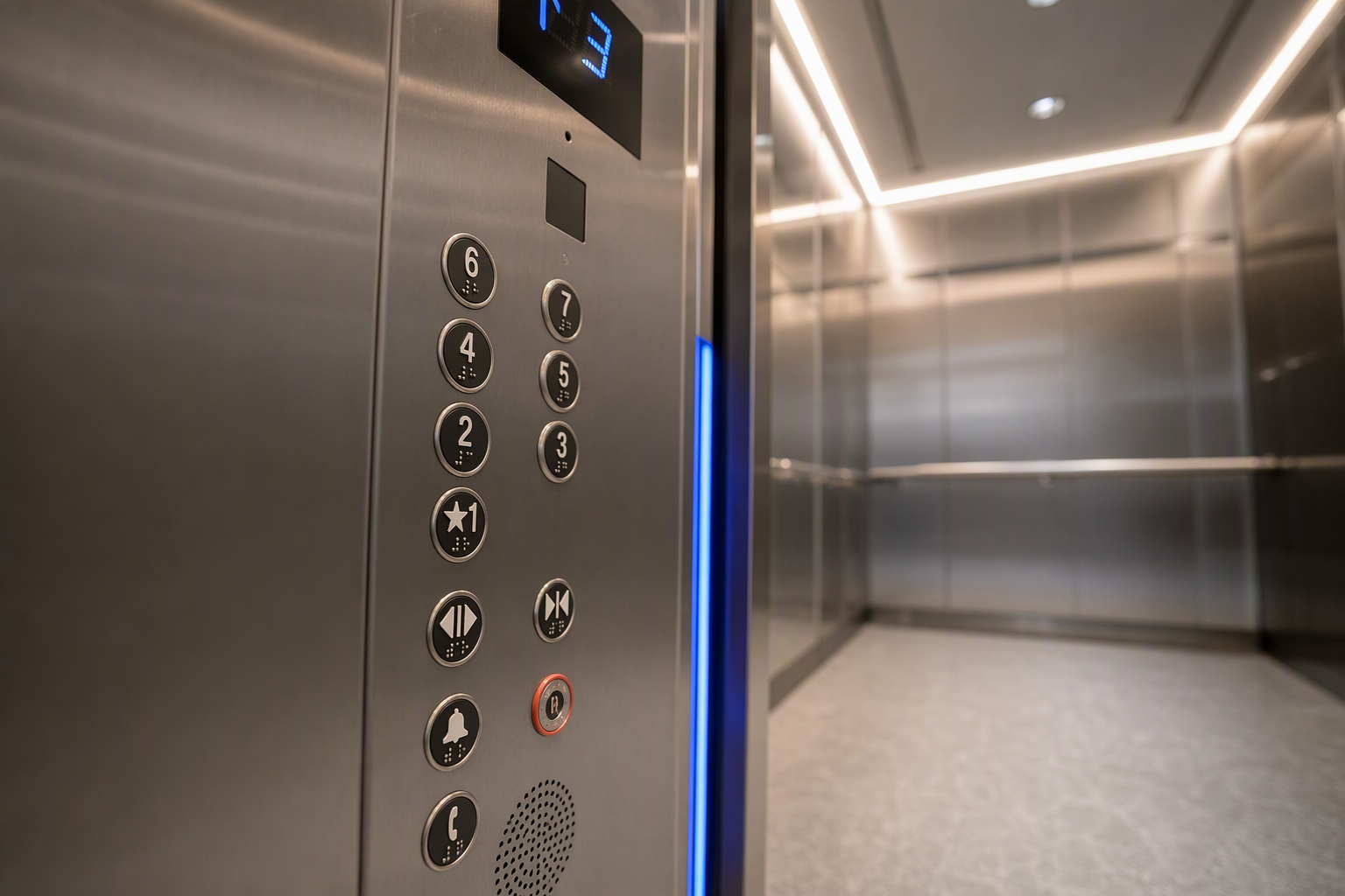 ADA-Compliant Cab Controls — Healthcare Elevator Modernization Detail Close-up of modernized hospital elevator cab control panel with ADA Braille buttons, hands-free door sensor, and emergency communication grille required for Florida healthcare facilities