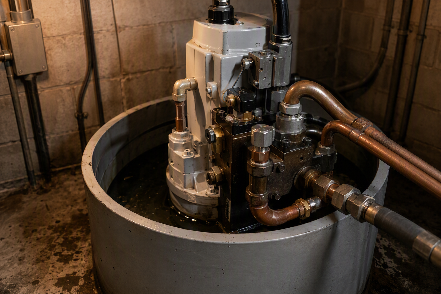 Hydraulic power unit with submersible pump-motor and valve manifold inside a Florida elevator equipment room, a component category with significant supply-chain lead times
