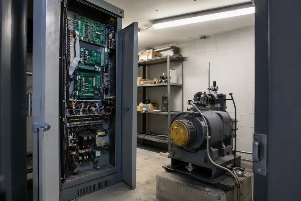 Open elevator controller cabinet showing printed circuit boards and wiring in a Florida commercial machine room, illustrating long-lead elevator parts and components