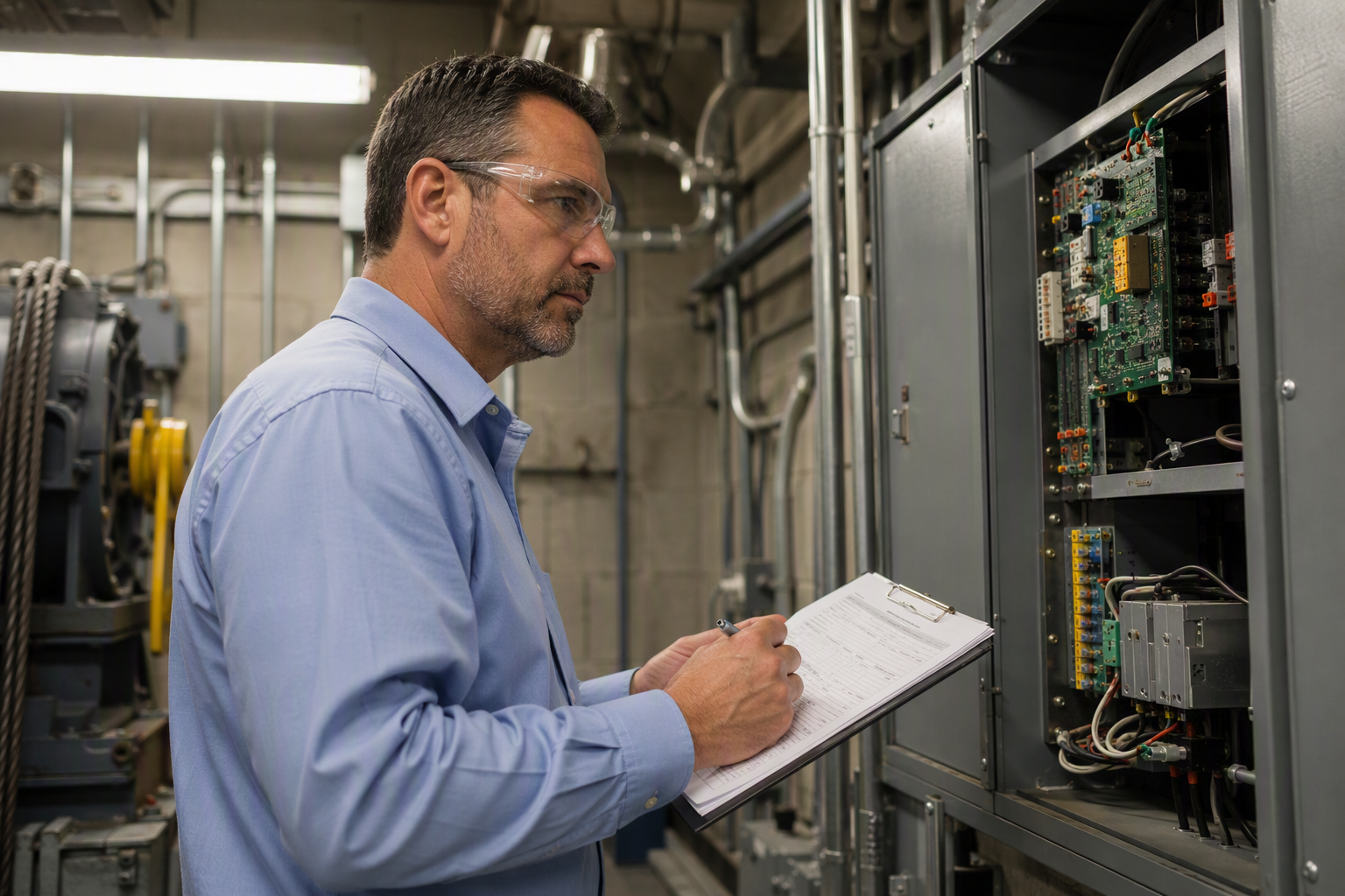 Annual Elevator Inspection – Machine Room Controller Review Licensed Florida elevator inspector examining a commercial traction elevator controller in a Pompano Beach building machine room during an annual DBPR inspection