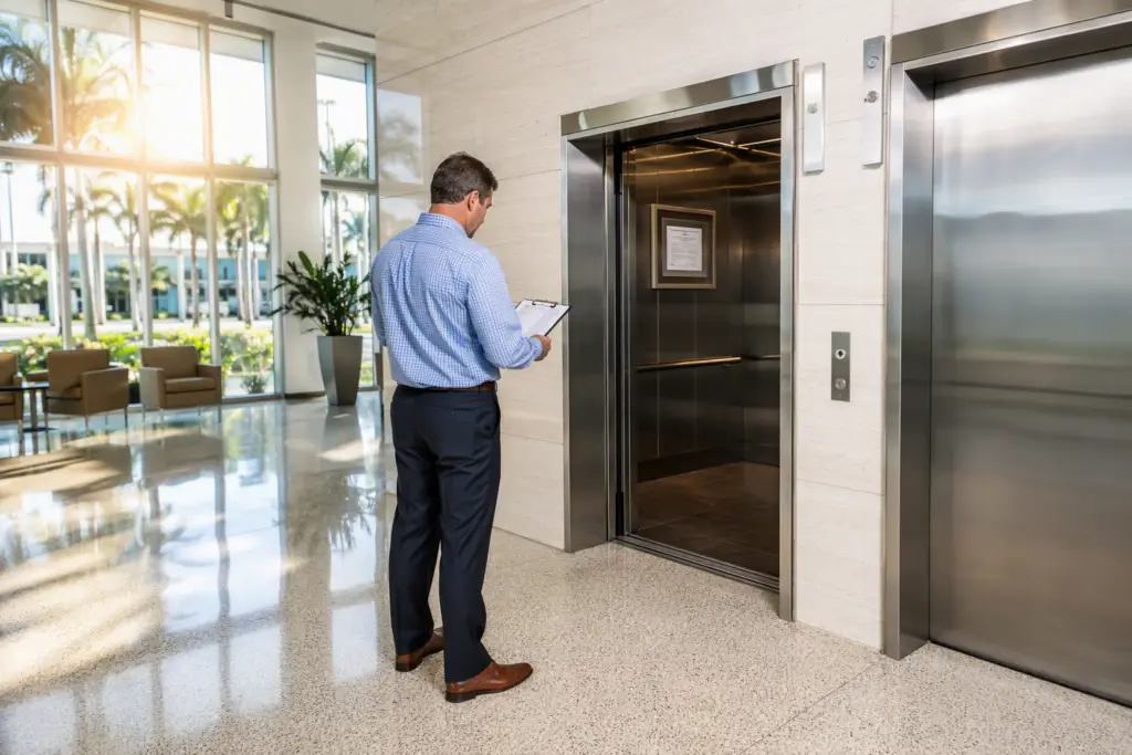 Property manager reviewing elevator inspection paperwork in a Pompano Beach FL commercial building lobby with Florida DBPR operating permit posted inside the elevator cab
