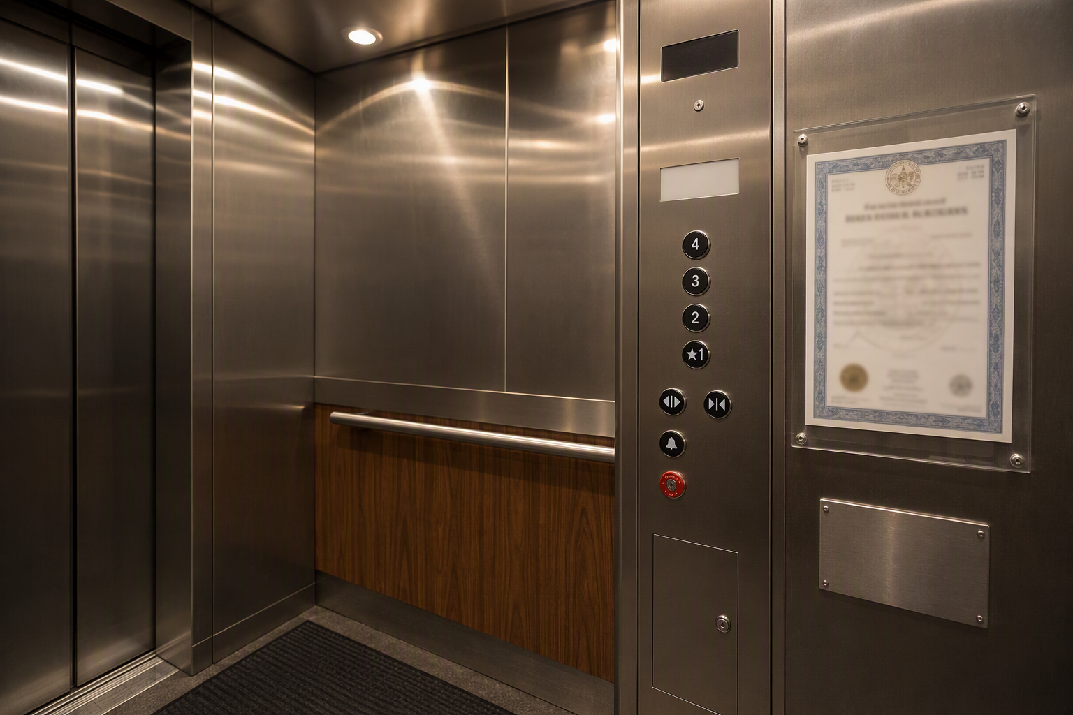 Florida Operating Permit Posted Inside Elevator Cab Florida elevator operating permit posted inside a commercial elevator cab in Pompano Beach FL alongside the stainless-steel control panel and capacity placard