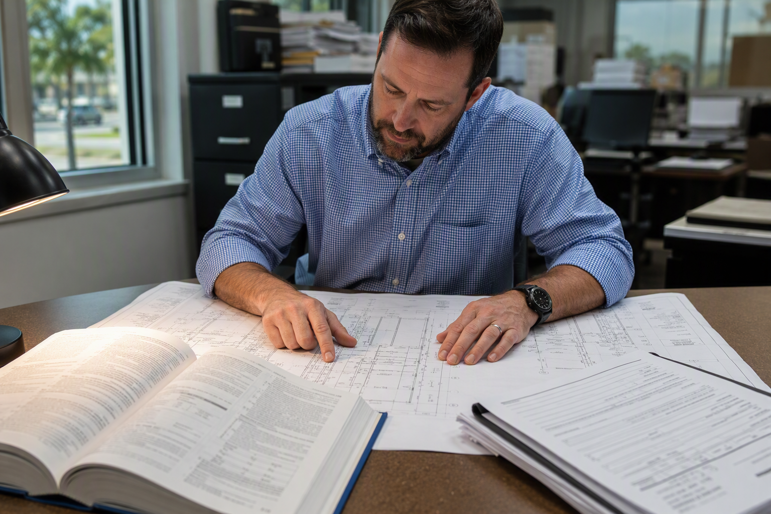 Building manager reviewing engineered elevator construction drawings and ASME A17.1 safety code documents during the Sarasota Florida permit plan review process
