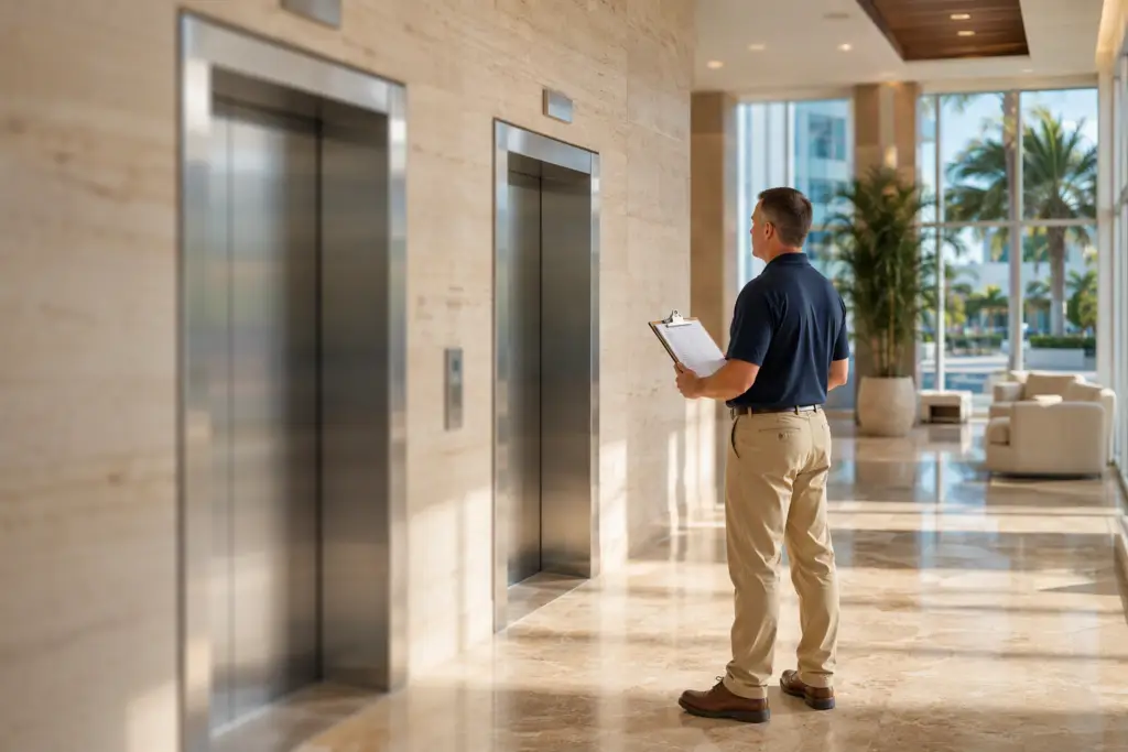 Florida-licensed elevator inspector reviewing a new elevator installation in a Sarasota commercial building lobby during a required DBPR permit inspection