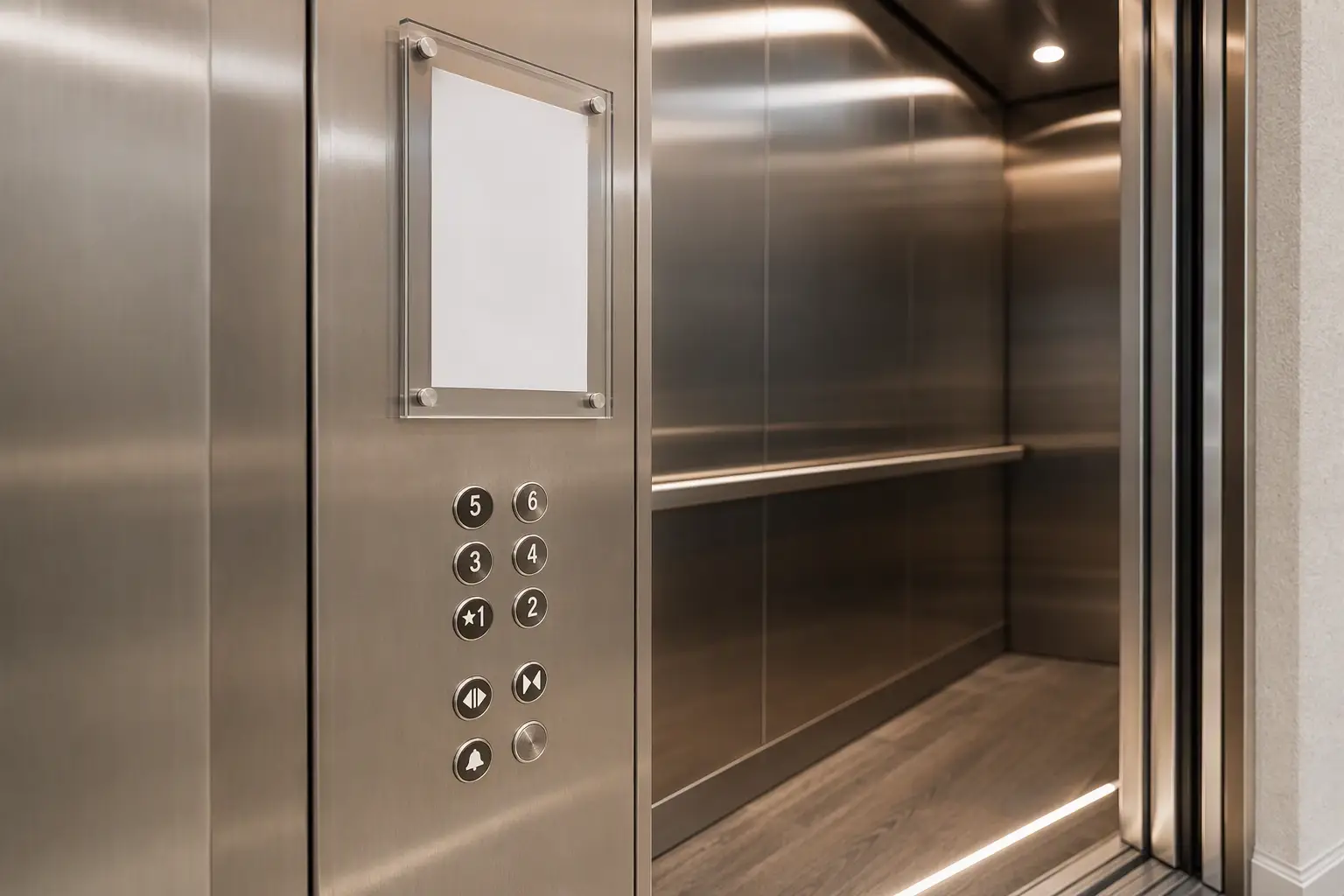 Newly modernized elevator cab interior in Sarasota FL showing updated control panel fixtures and a Certificate of Operation required by Florida DBPR for legal passenger use