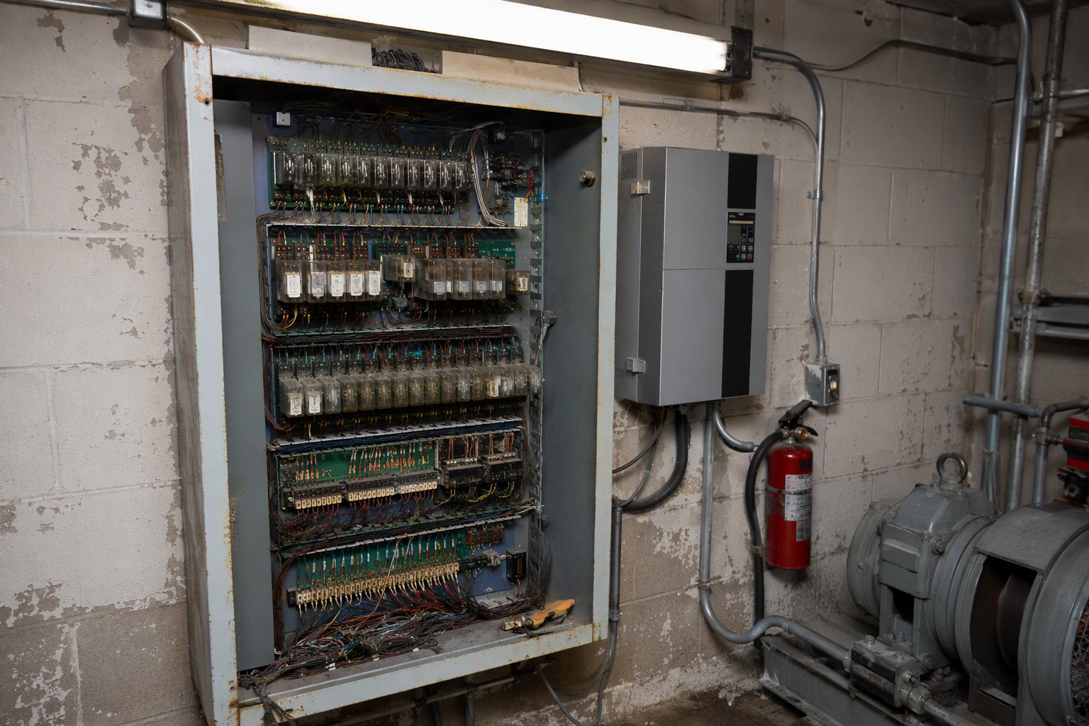 Aging relay-logic elevator controller with corroded components in a Florida commercial building machine room, a common warning sign that modernization may outweigh continued repair