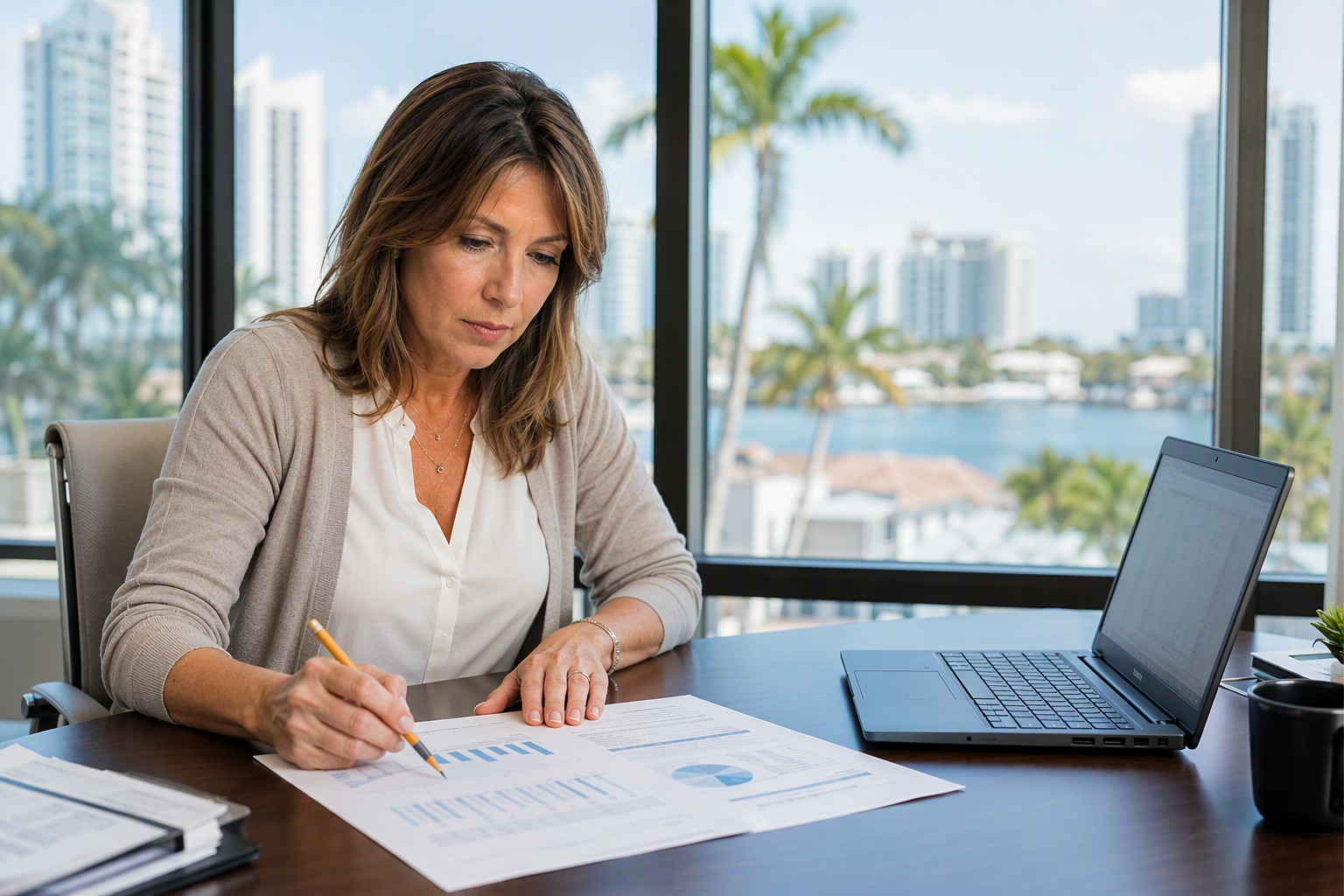 Florida building manager reviewing elevator repair cost history and modernization budget projections to determine the most cost-effective long-term option