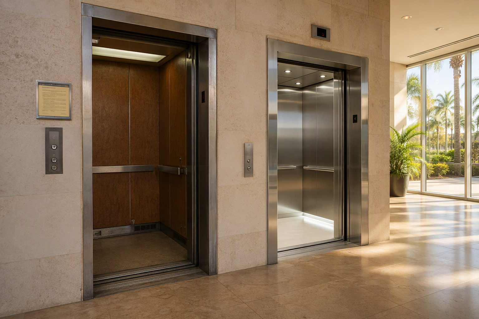 Side-by-side view of an aging elevator cab and a newly modernized cab in a Florida commercial building lobby, illustrating the difference between repair and modernization