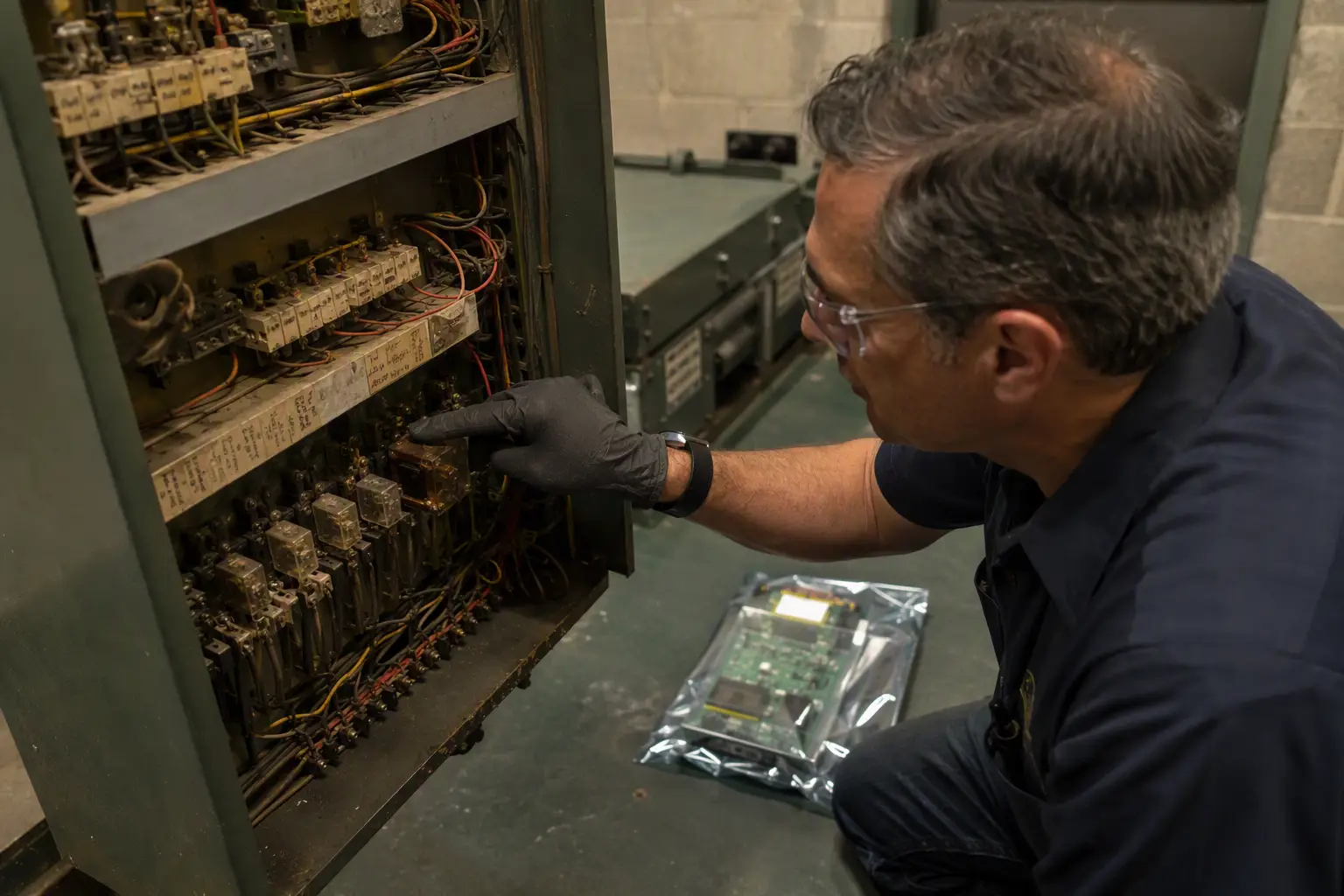 Obsolete Relay Controller — Modernization Trigger Elevator technician inspecting an obsolete relay-logic controller cabinet in a Florida machine room, a key sign that elevator modernization is needed rather than another repair.