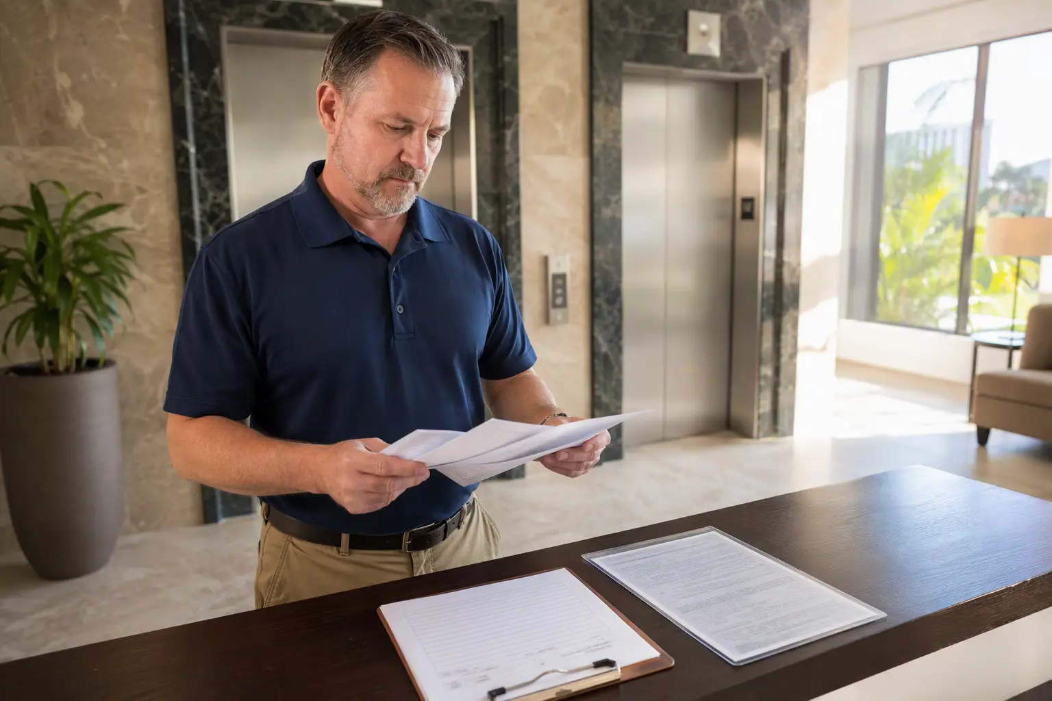 Florida Elevator Inspection Report Review Elevator inspector reviewing a Florida DBPR inspection report and compliance certificate in a Sarasota building lobby, identifying code deficiencies that may require elevator modernization.