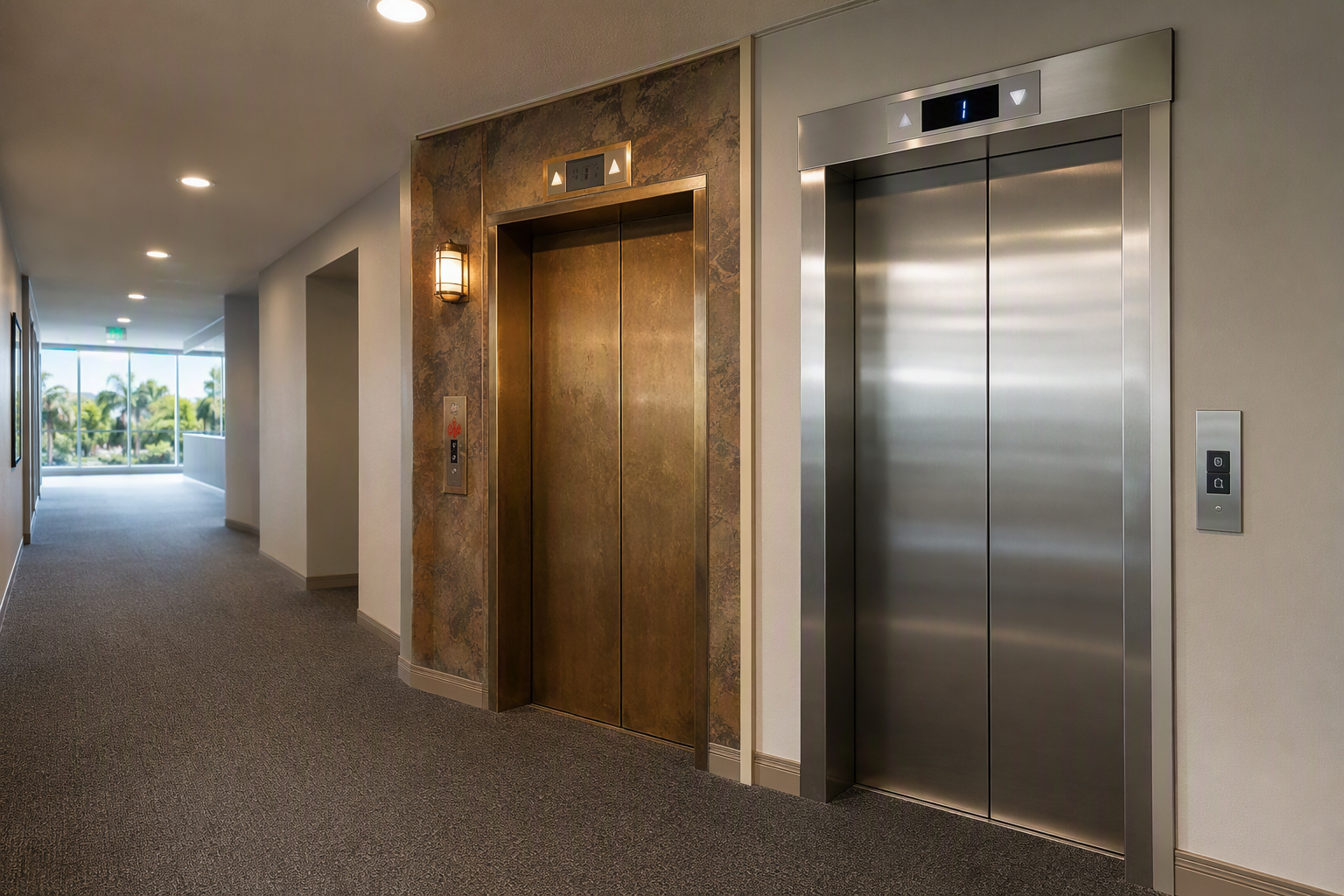 Elevator Modernization vs. Repair — Visual Comparison Side-by-side comparison of an outdated 1980s elevator entrance and a modernized stainless-steel elevator entrance in a Florida commercial building corridor, illustrating modernization vs repair decisi