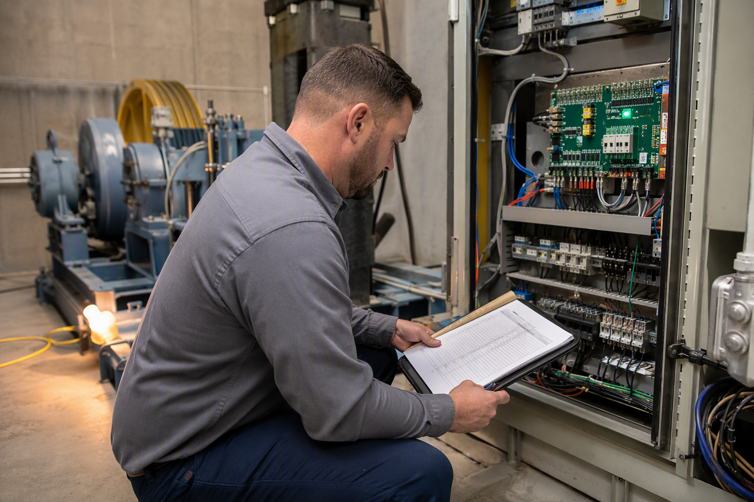 Elevator technician reviewing a service log in a hotel machine room in Florida, verifying maintenance intervals required by an elevator maintenance contract