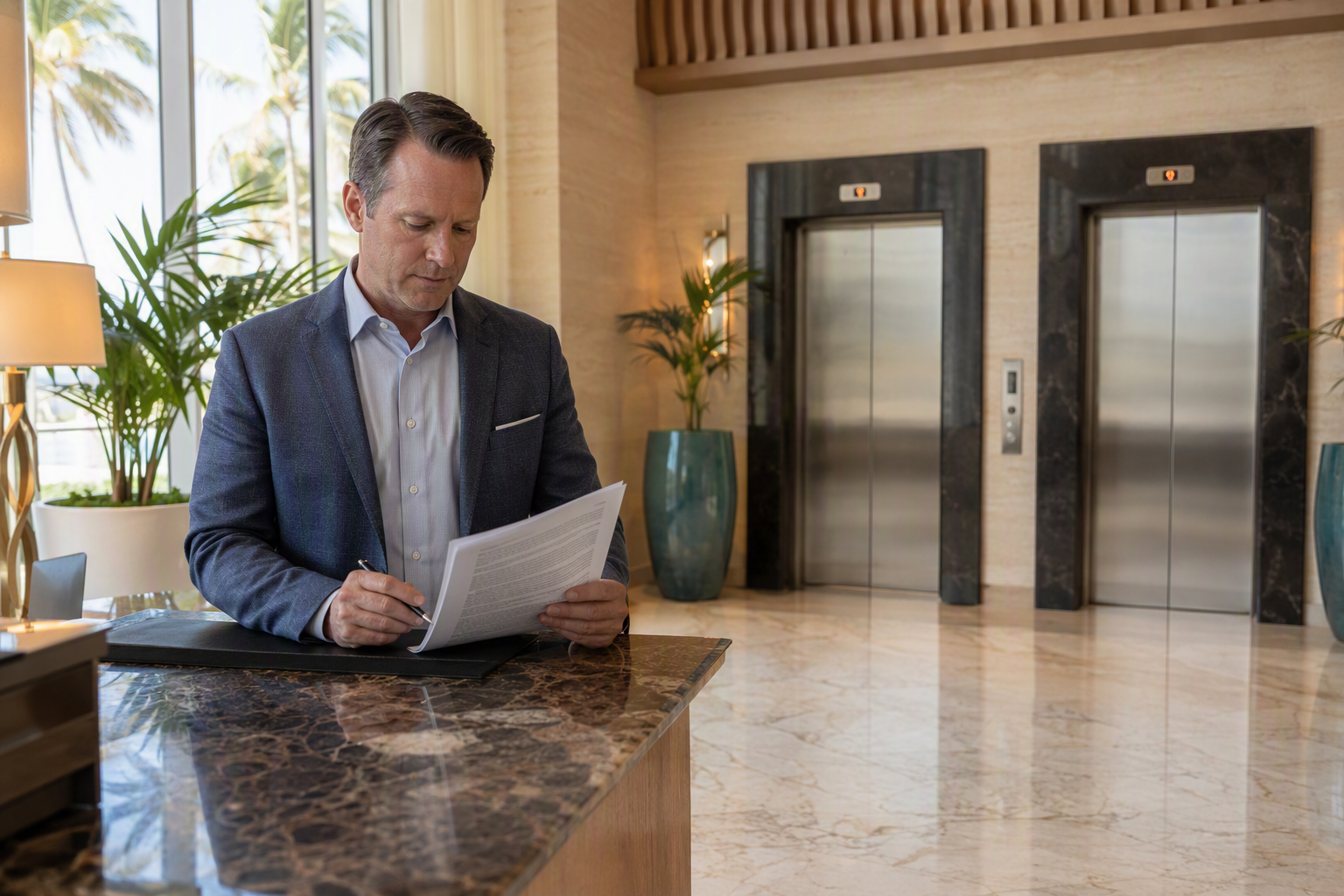 Hotel property manager reviewing an elevator maintenance contract specifying service response time requirements in a Pompano Beach Florida hospitality lobby