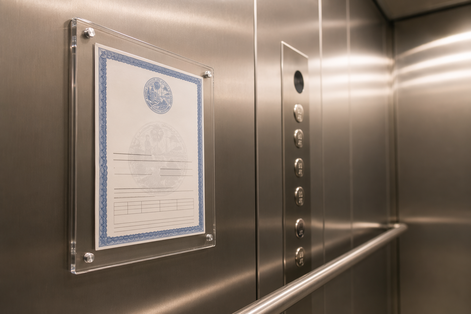 Florida DBPR elevator inspection certificate displayed inside a senior living facility elevator cab with ADA-compliant Braille call buttons and stainless grab rail visible.