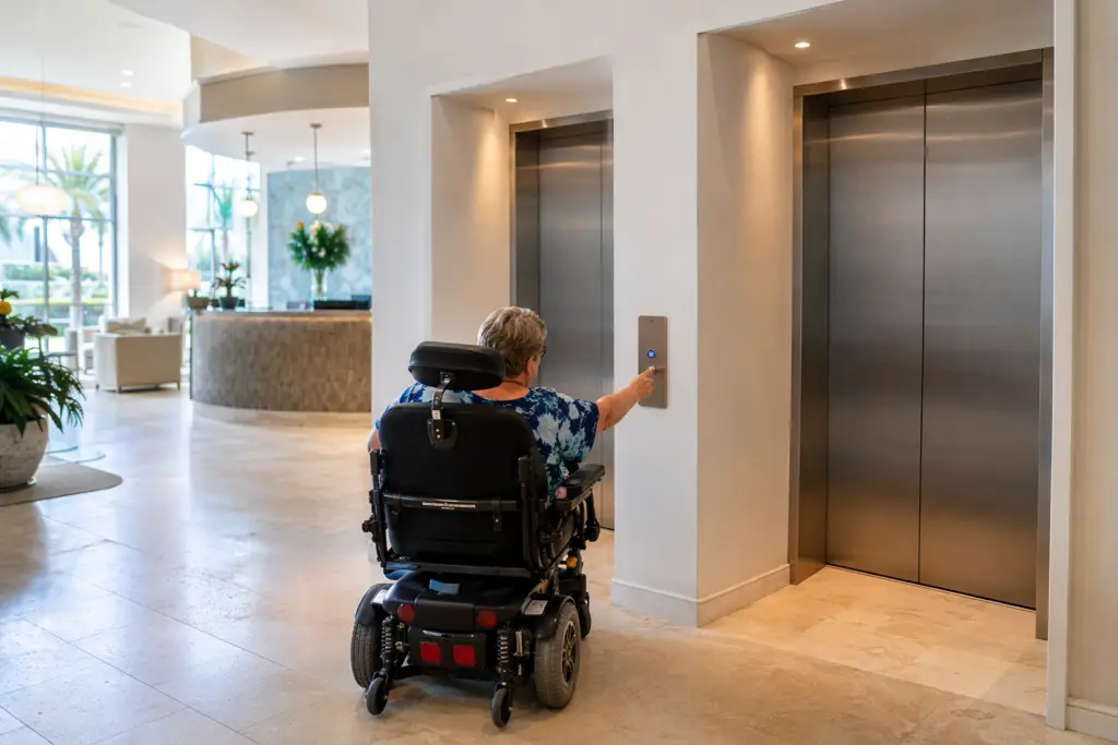 Well-maintained elevator lobby in a Florida senior living facility showing ADA-compliant call panels and a wheelchair-using resident, illustrating elevator safety and reliability standards.