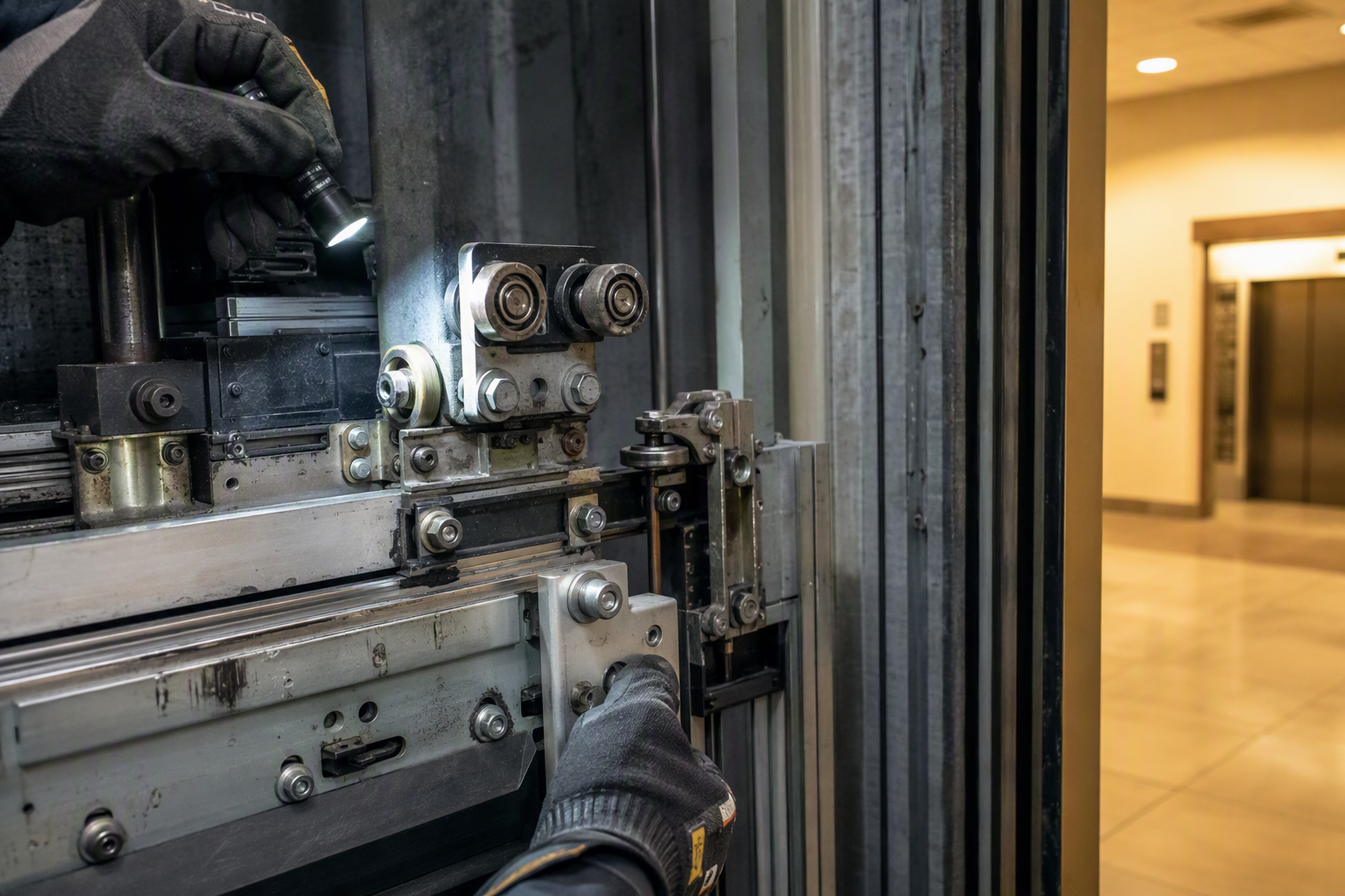 Door Operator Inspection — Common Florida Elevator Violation Elevator technician inspecting door operator gibs and reopening device on a commercial elevator, the most commonly cited Florida DBPR inspection violation component