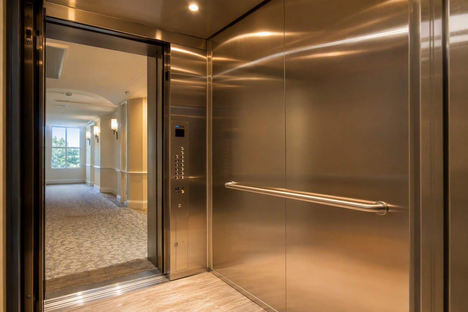 Modernized Elevator Cab — ASME A17.1 Compliant Upgrades Newly modernized elevator cab interior with LED lighting, stainless steel panels, and updated ADA fixtures in a Sarasota Florida residential mid-rise building